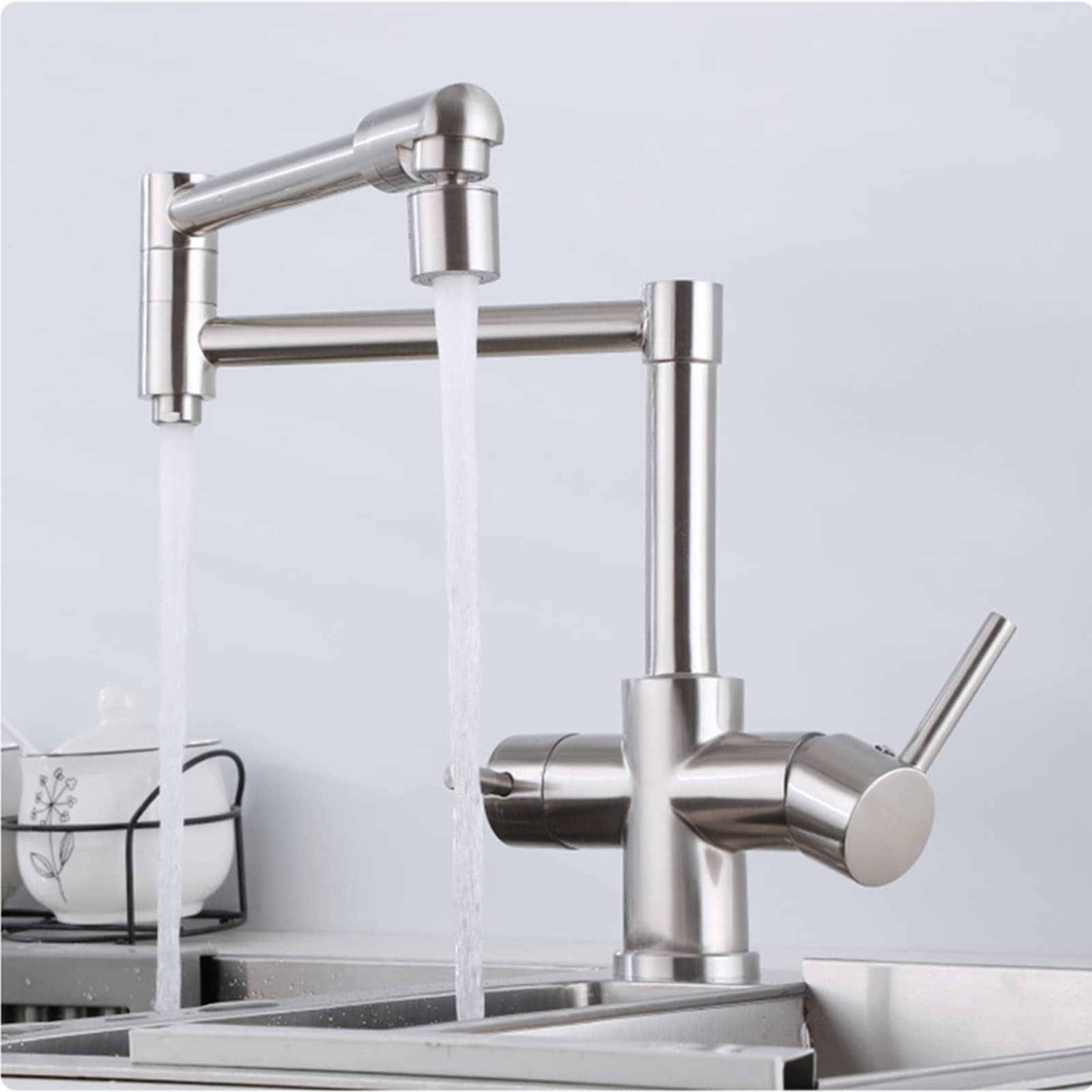 360° Swivel Pot Filler Faucet with Dual Spray Modes - Brushed Nickel Drinking Water Safe - 2 Handle Hot & Cold Brass Mixer Tap for Kitchen Sink - Perfect for Cooking, Filling Large Pots & Washing Vegetables