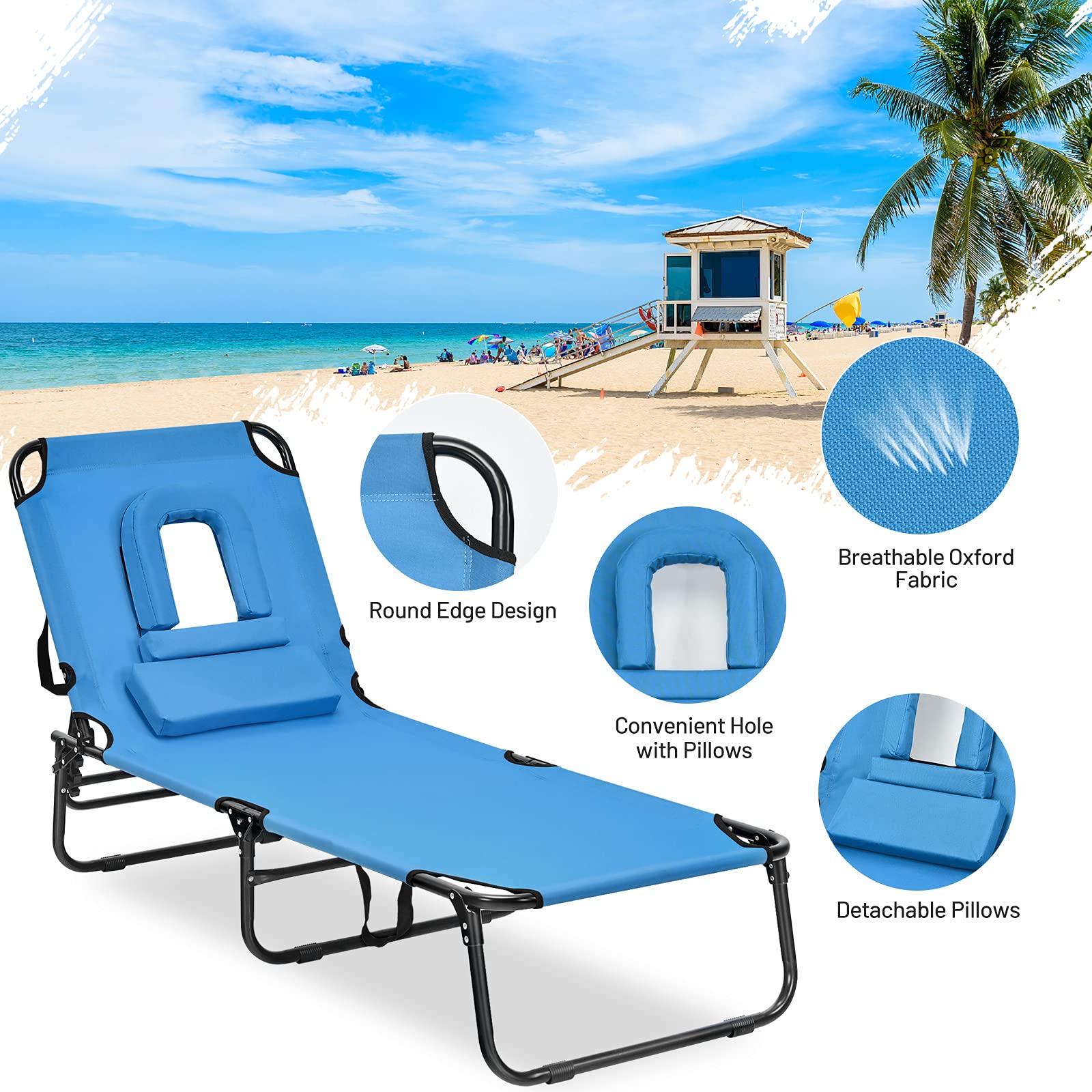 Giantex Outdoor Chaise Lounge Chair - Foldable Beach Chair with 5 Adjustable Positions, Breathable Hole Design, Detachable Pillow & Hand Ropes for Comfort | Perfect for Sunbathing, Poolside Relaxation, Backyard, Patio & Garden Use