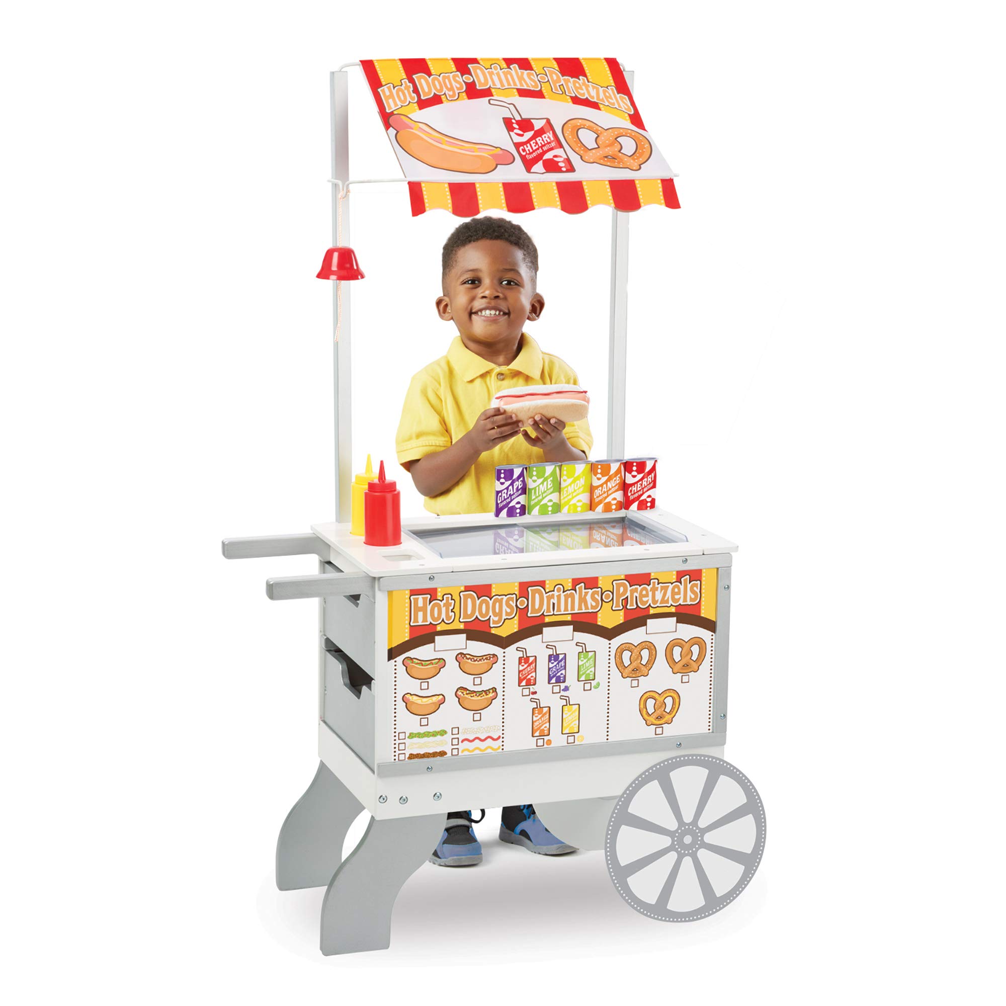 Melissa & Doug Wooden Pretend Play Food Cart for Kids - Reversible Awning, 40+ Piece Play Food Set, 49