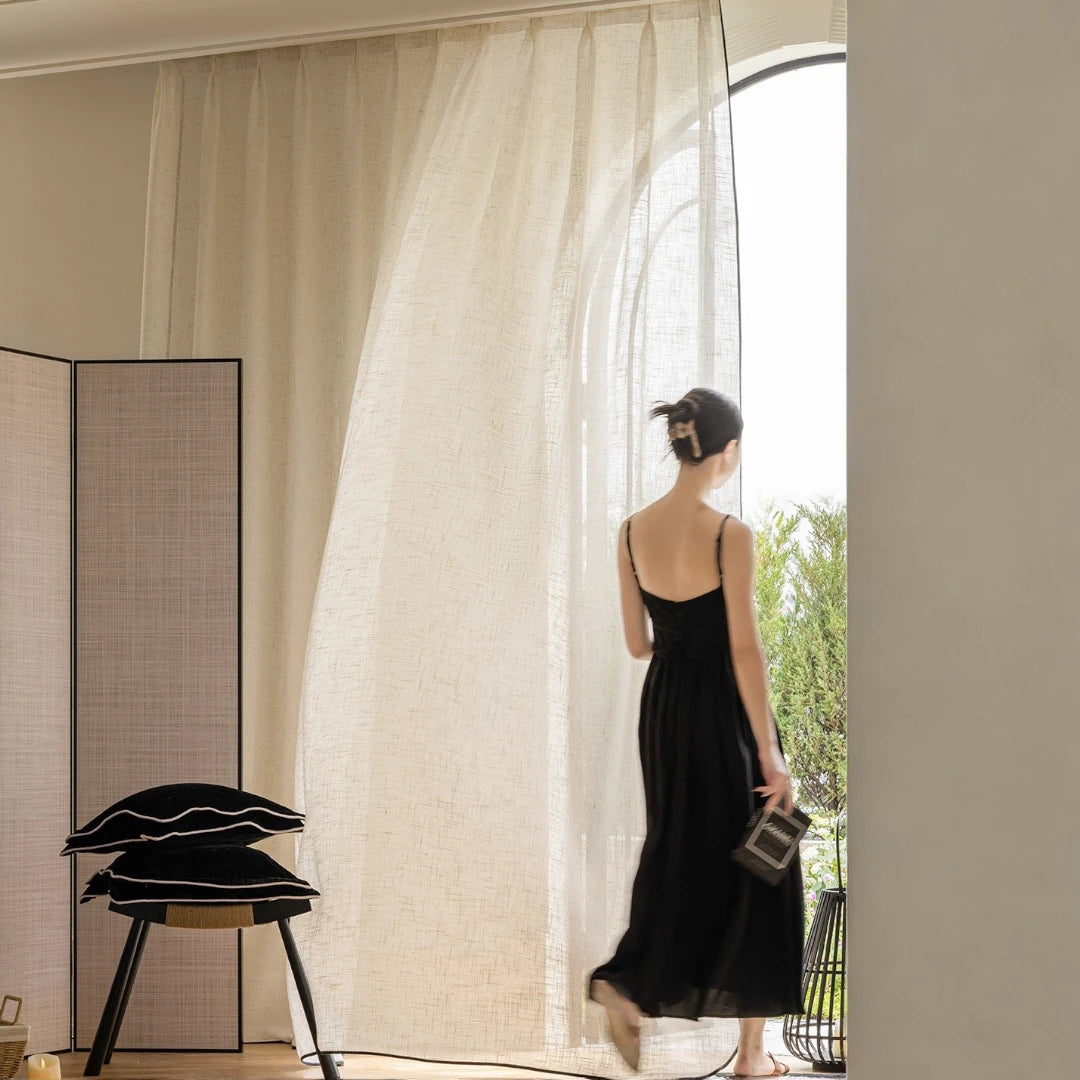 Kalani Linen Semi-Sheer Custom Curtains with Black Trim - Elegant Window Treatments for Living Room, Bedroom & Dining Room