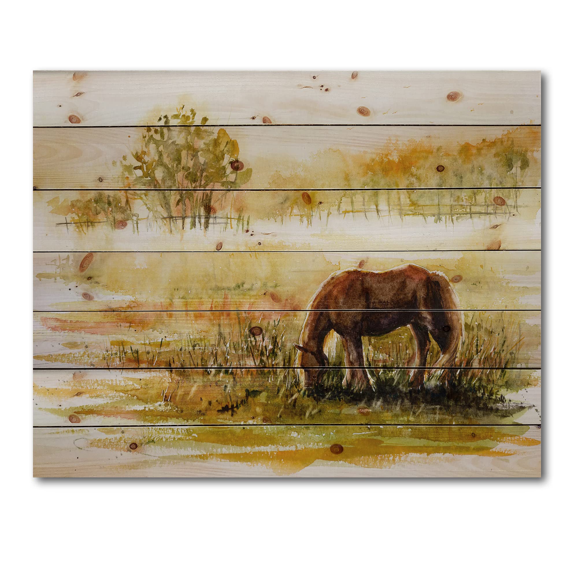 Farmhouse Wood Wall Decor - Horse Grazing On Meadow Art Print, Yellow Animal Wall Art Panel, Large Pine Wood Wall Hanging for Living Room, Bedroom & Office Decor