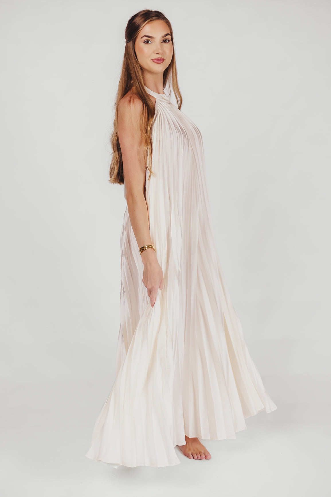 Maren Pleated Halter Maxi Dress in Cream | Bump Friendly Maternity Dress | Perfect for Baby Showers, Beach Vacations & Summer Weddings