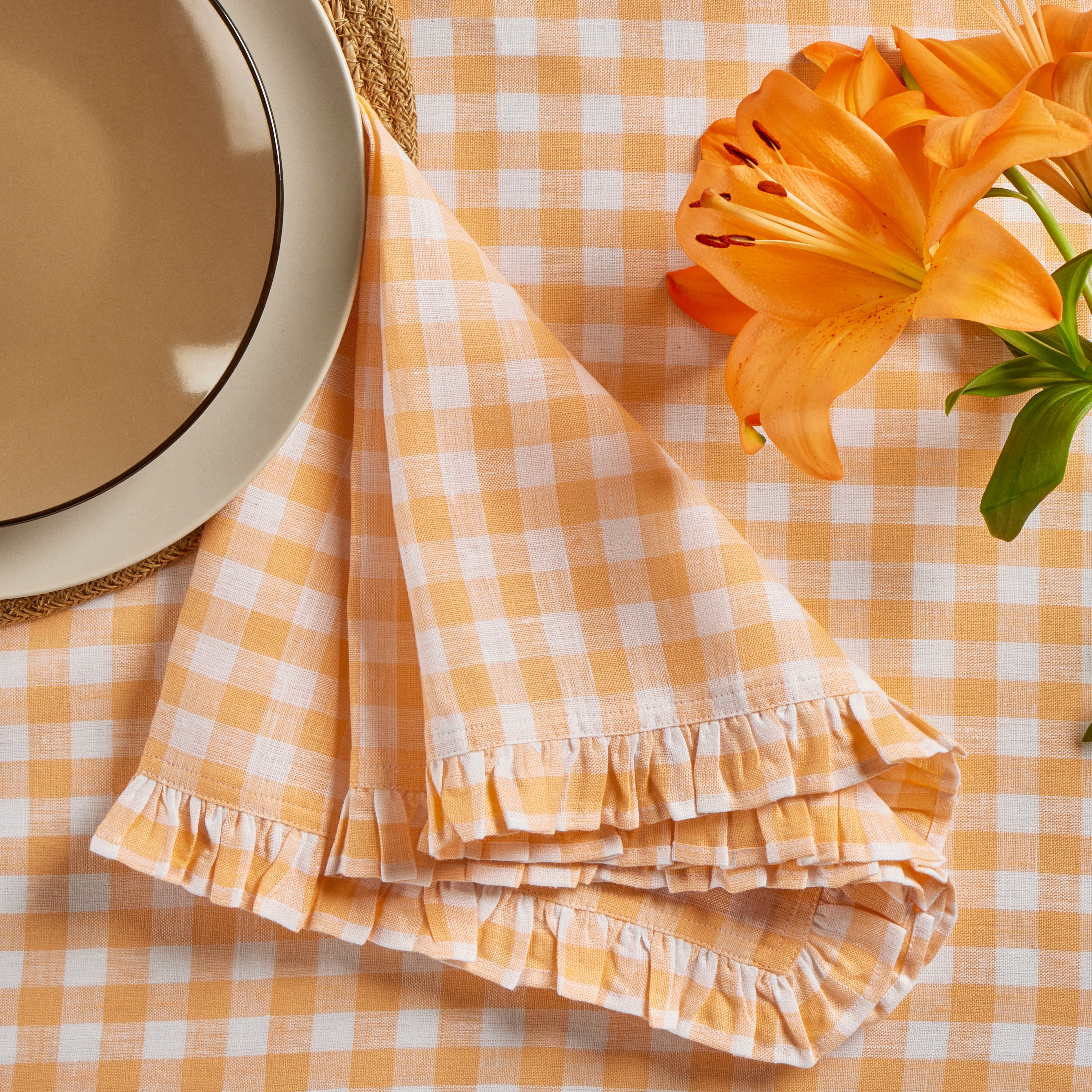 Stylish Gingham Ruffle Napkins Set of 4 - Premium Cotton Table Linens for Dining, Parties & Home Decor