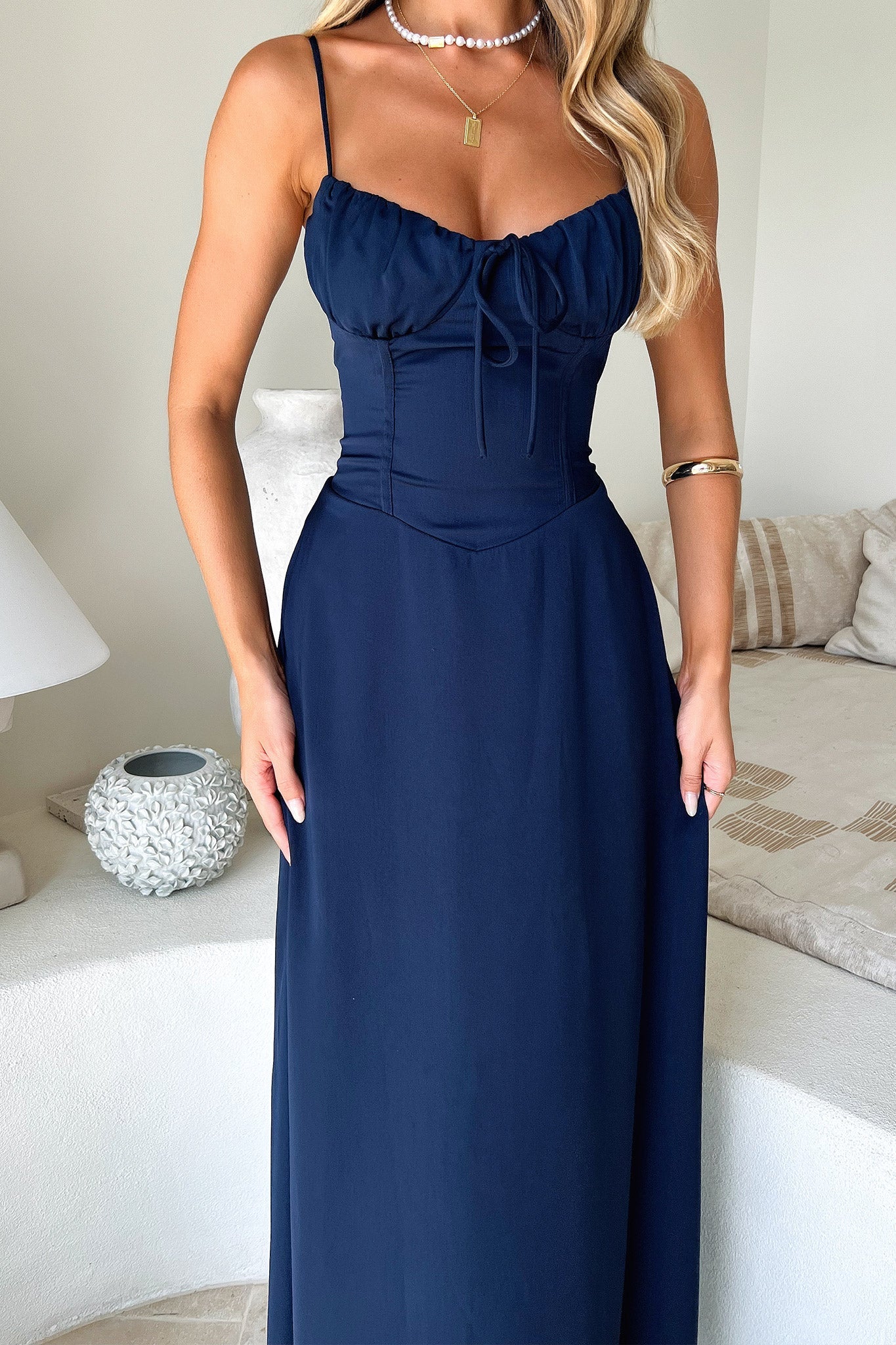 Magdalena Navy Blue Maxi Dress for Women - Elegant Long Flowy Summer Dress for Beach, Vacation & Casual Wear