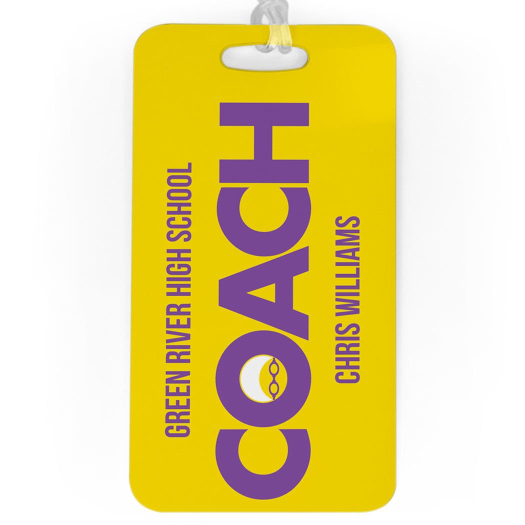 Personalized Swim Coach Luggage Tag - Large Yellow & Purple Waterproof Bag Tag with Standard Lines for Swimming Gear & Travel Accessories | Perfect for Swim Meets, Trips & Poolside Identification