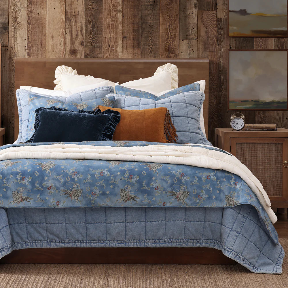 Lee Western Washed Denim Bedding Set - Queen Size Blue Jeans Style Comforter Cover & Pillowcases - Perfect for Farmhouse, Ranch or Western Themed Bedroom Decor