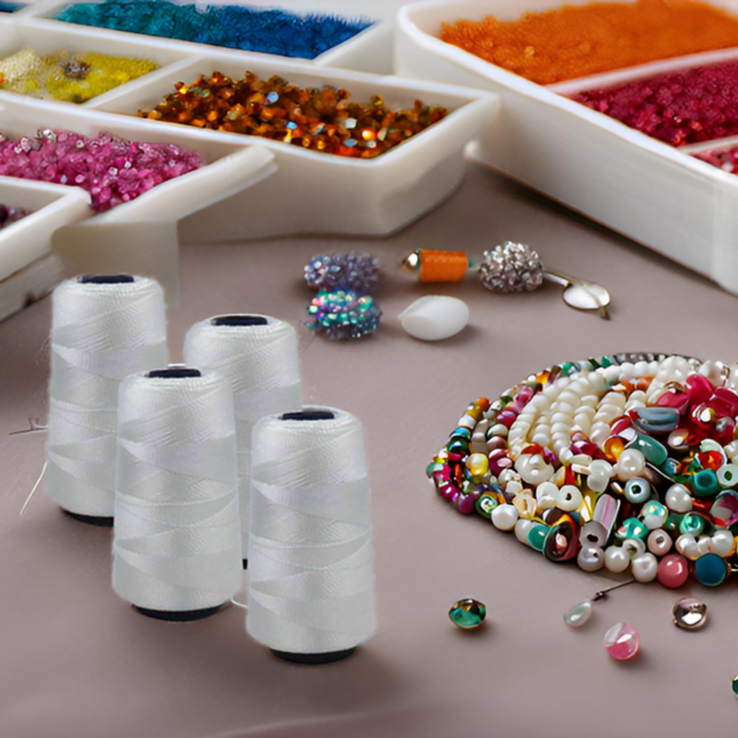 Aakriti Nylon Thread for Beads & Jewelry Making (White) - 4 Pack of 100g Cones (1500m Each) - Strong & Durable for Seed Beads, Bracelets, Necklaces - Perfect for Beading, Jewelry Stringing, Crafting & DIY Projects - Great for Handmade Gifts, Fashion Accessories & Home Decor