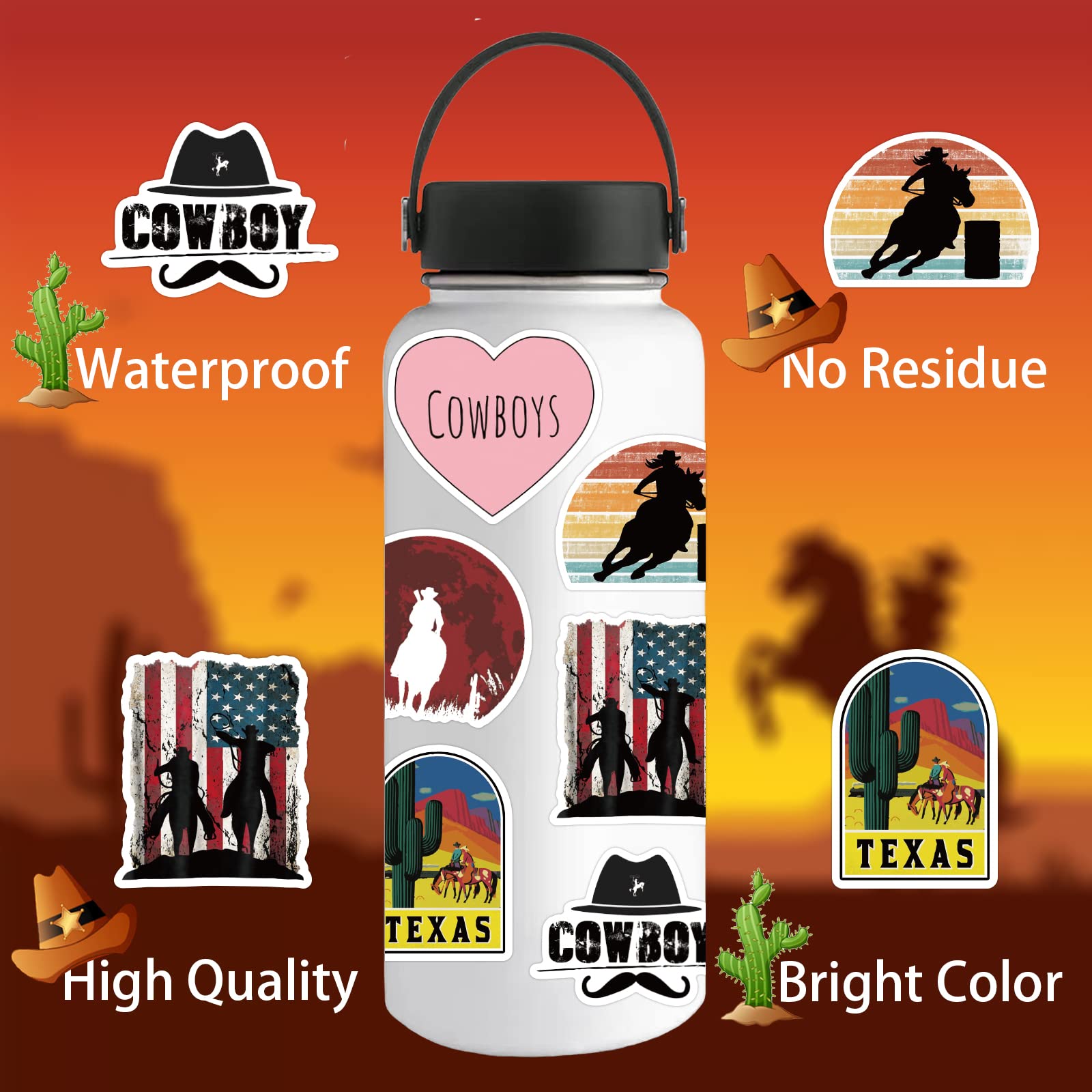 50PCS Cowboy Stickers - Western Decals Vinyl Waterproof Stickers for Water Bottles, Laptops, Luggage, Helmets, Skateboards, Snowboards, Guitars & Scrapbooks | Perfect for Teens, Girls, Kids & Adults | Great for DIY Crafts, Personalizing Belongings & Western-Themed Gifts