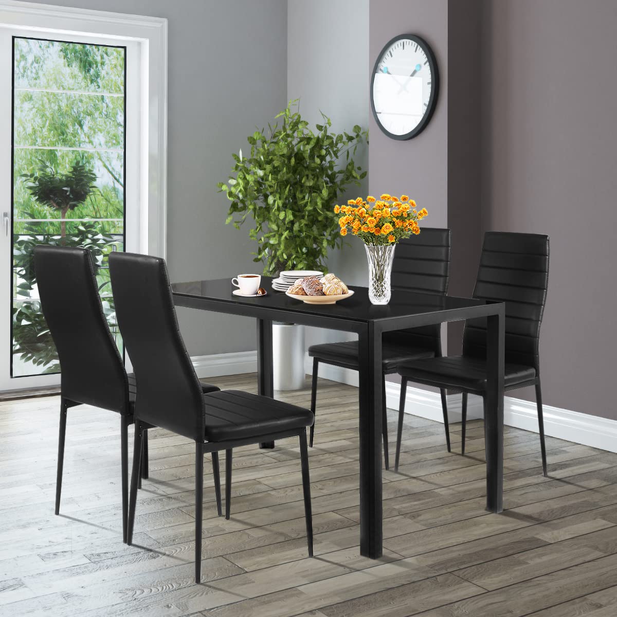 Giantex 5-Piece Modern Glass Top Dining Table Set for 4 - Rectangular Metal Frame Kitchen Table with 4 Leather-Padded Chairs - Perfect for Small Spaces, Apartments & Compact Homes | Ideal for Breakfast Nook, Kitchen Dining & Cozy Family Meals
