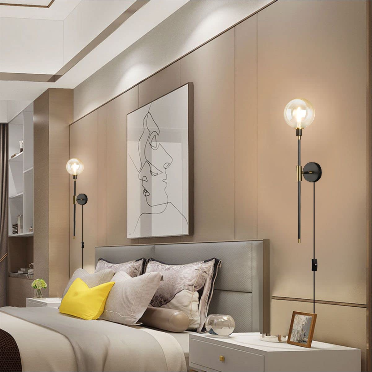 KCO Black Modern 1-Light Plug-in Wall Sconce with On/Off Switch & Long Arm Glass Shade - Amber Wall Lamp for Bedroom, Living Room, Kitchen & Hallway (2-Pack) | Perfect for Ambient Lighting & Space-Saving Wall Decor