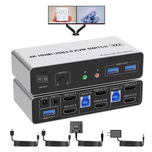 Premium 4K@60Hz HDMI KVM Switch 2 Port - USB 3.0 Dual Monitor Switcher for 2 Computers with EDID Support, 3 USB Ports & Audio/Mic Output | Ideal for Home Office, Gaming Setup & Multi-PC Workstations