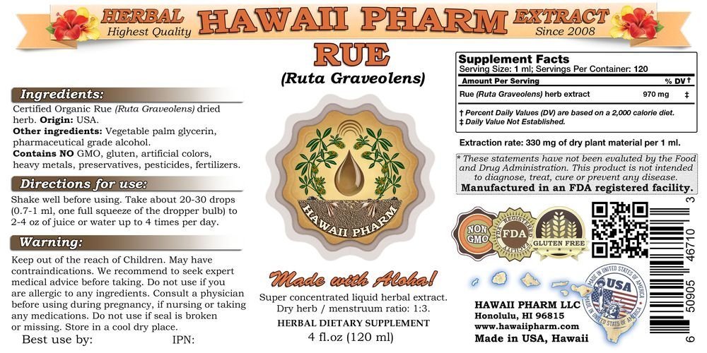 Organic Rue (Ruta graveolens) Liquid Extract Tincture - Herbal Supplement by Hawaii Pharm - 32 fl.oz - Made in USA - Supports Digestive Health & Relaxation - Perfect for Aromatherapy & Natural Remedies