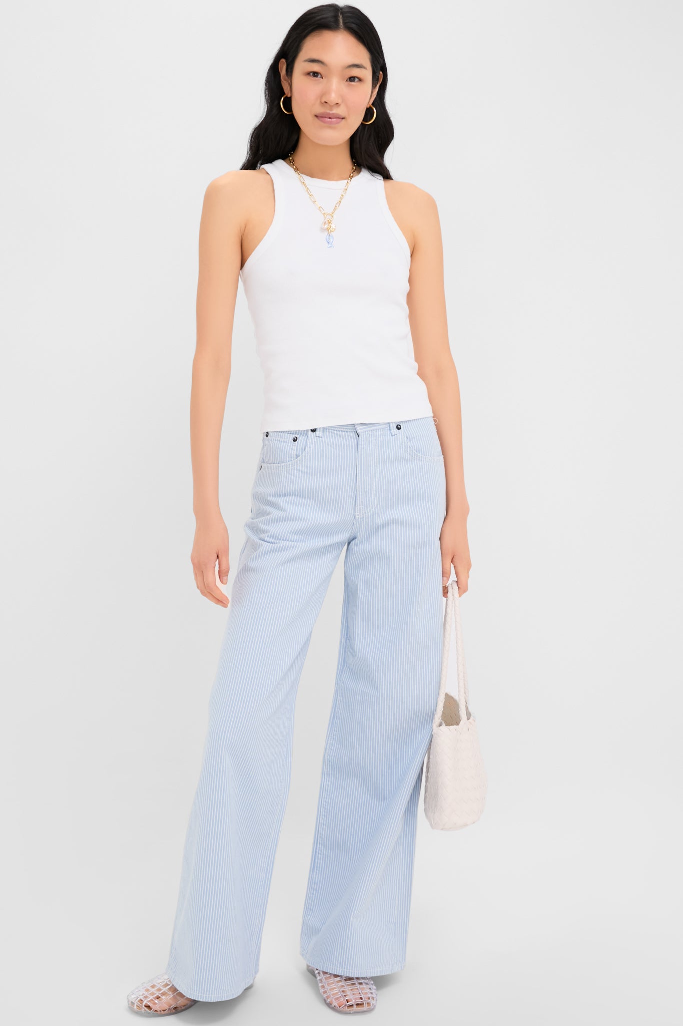 Blue Stripe Atomic Wide Leg Pants - High Waisted Casual Trousers for Women | Perfect for Office, Travel & Everyday Wear