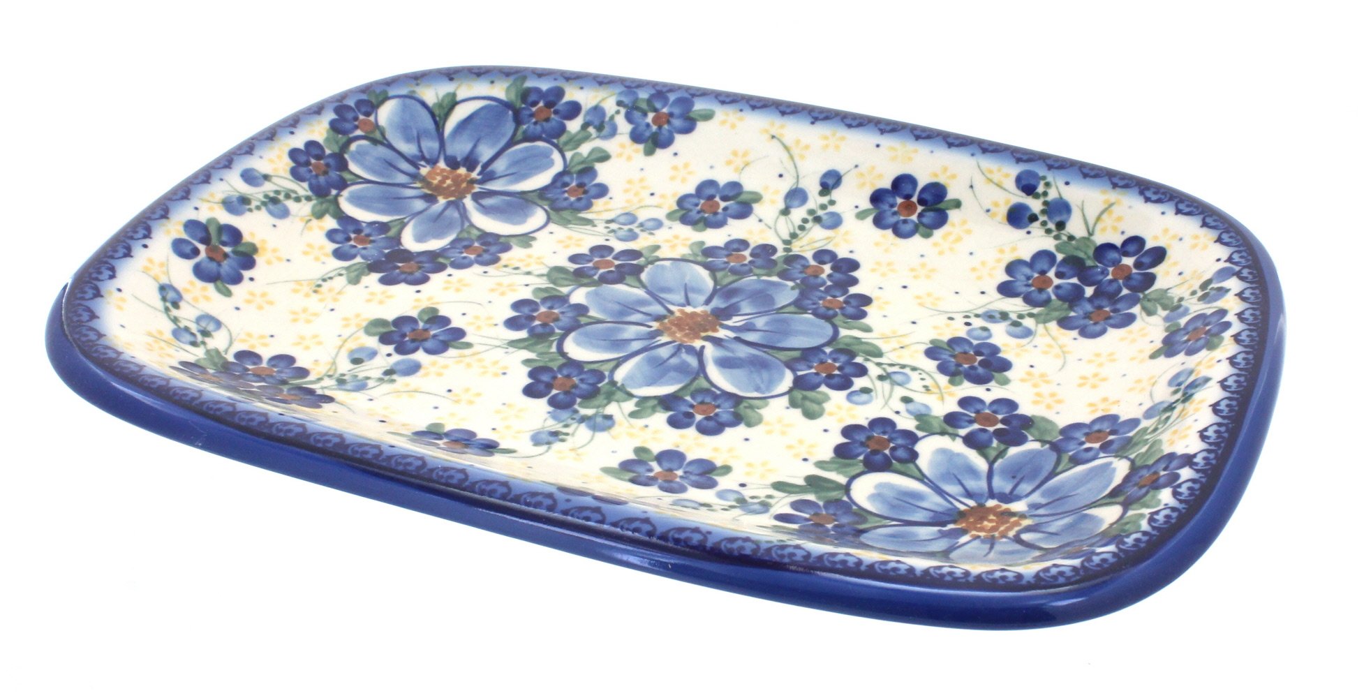 Blue Rose Polish Pottery Daisy Surprise Medium Rectangular Serving Platter - Elegant Floral Design for Dining, Entertaining & Home Decor