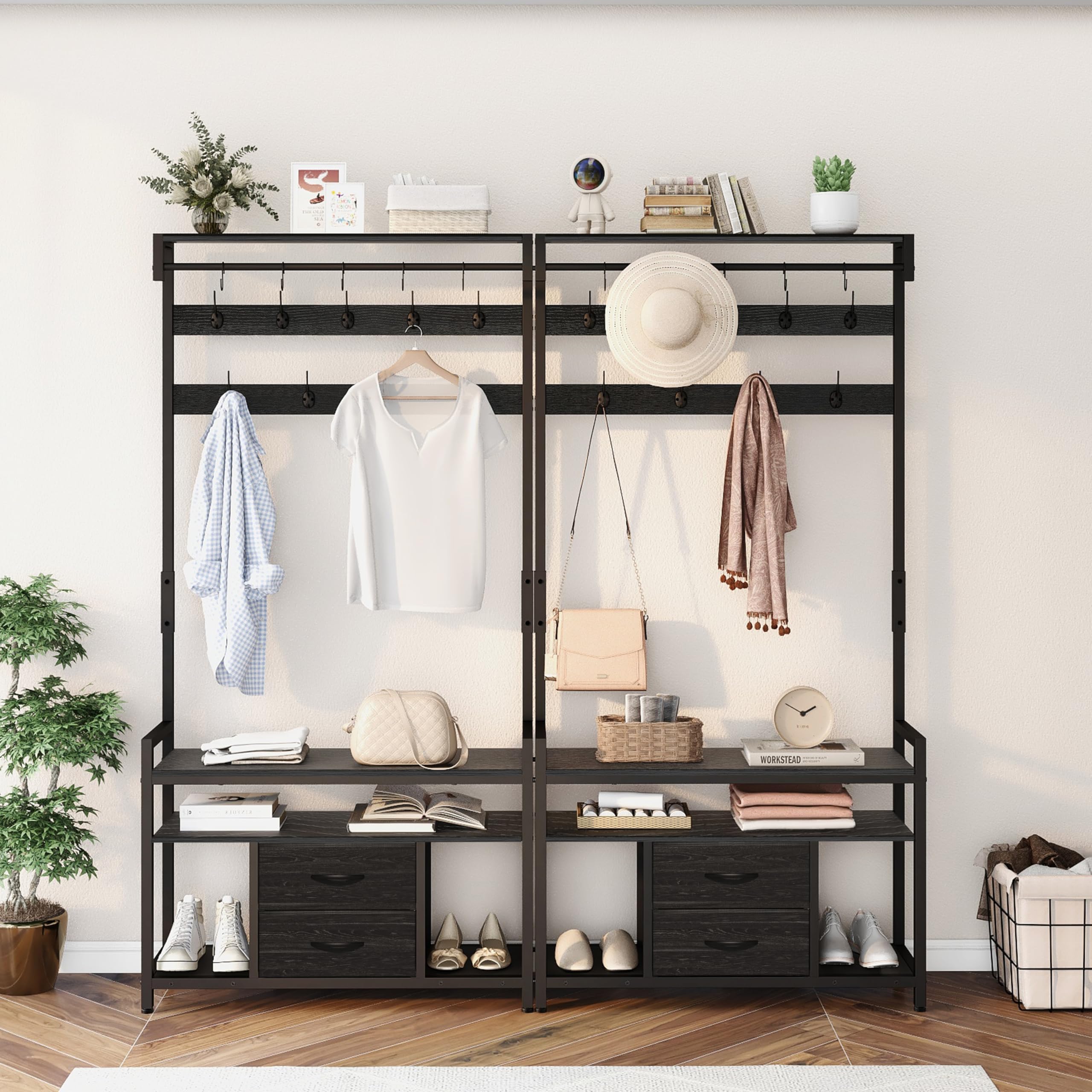 Freestanding Entryway Hall Tree with Shoe Storage Bench, Coat Rack, 2 Fabric Drawers & 3 Shelves - 14 Hooks for Jackets & Accessories - Perfect for Hallway, Living Room, Bedroom & Entry Organization - Black