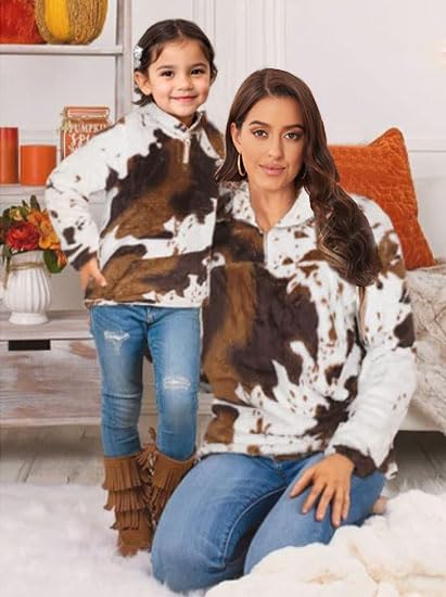 EARKOHA Women's Plus Size Long Sleeve Fleece Jacket with Zip Collar & Cow Print - Cozy Casual Outerwear for Fall, Winter, and Everyday Wear