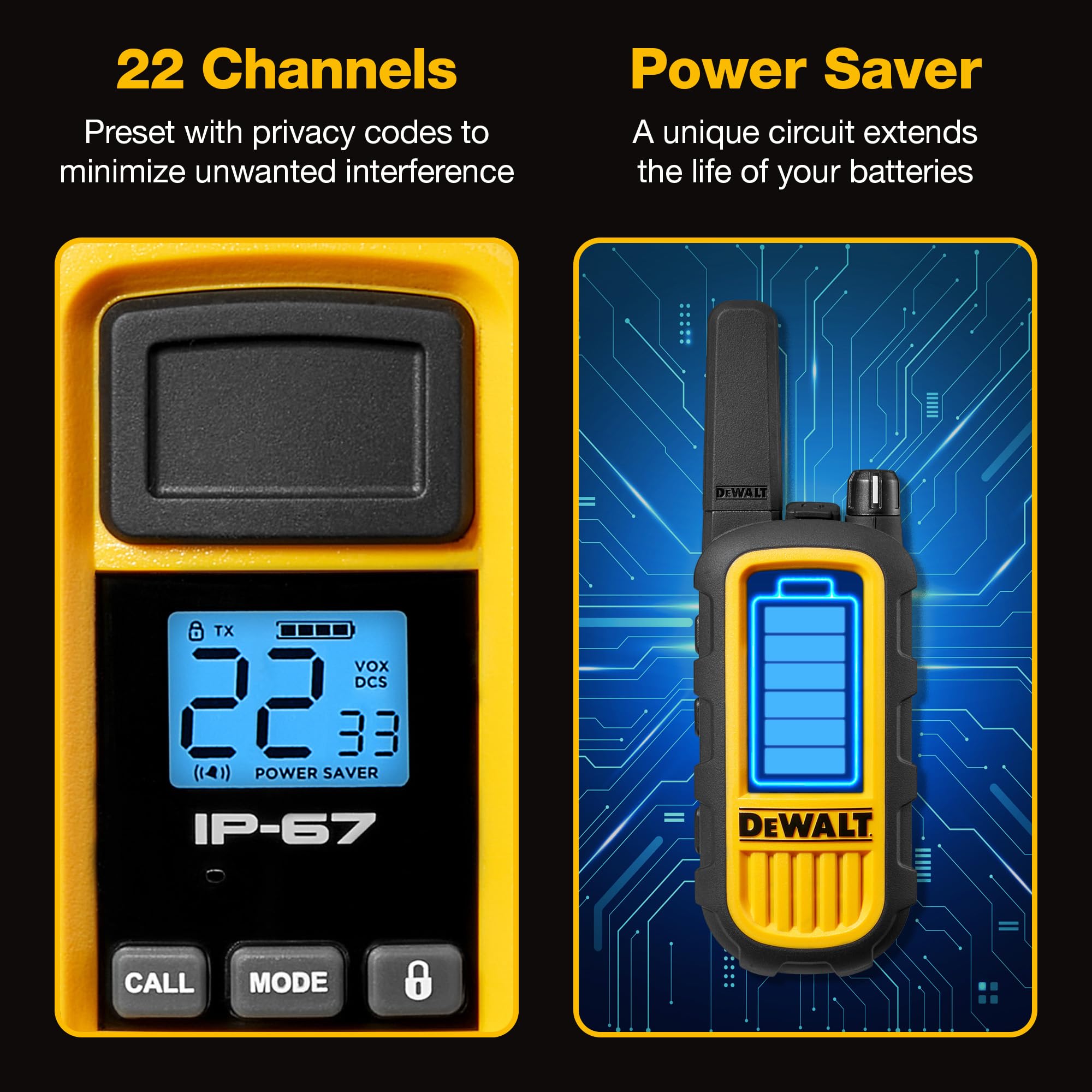 DEWALT DXFRS800 2 Watt Heavy Duty Walkie Talkies - Waterproof, Shock Resistant, Long Range & Rechargeable Two-Way Radio with VOX (6 Pack w/Gang Charger) - Ideal for Construction, Warehouse, Outdoor Adventures & Emergency Communication (DXFRS800-BCH6)