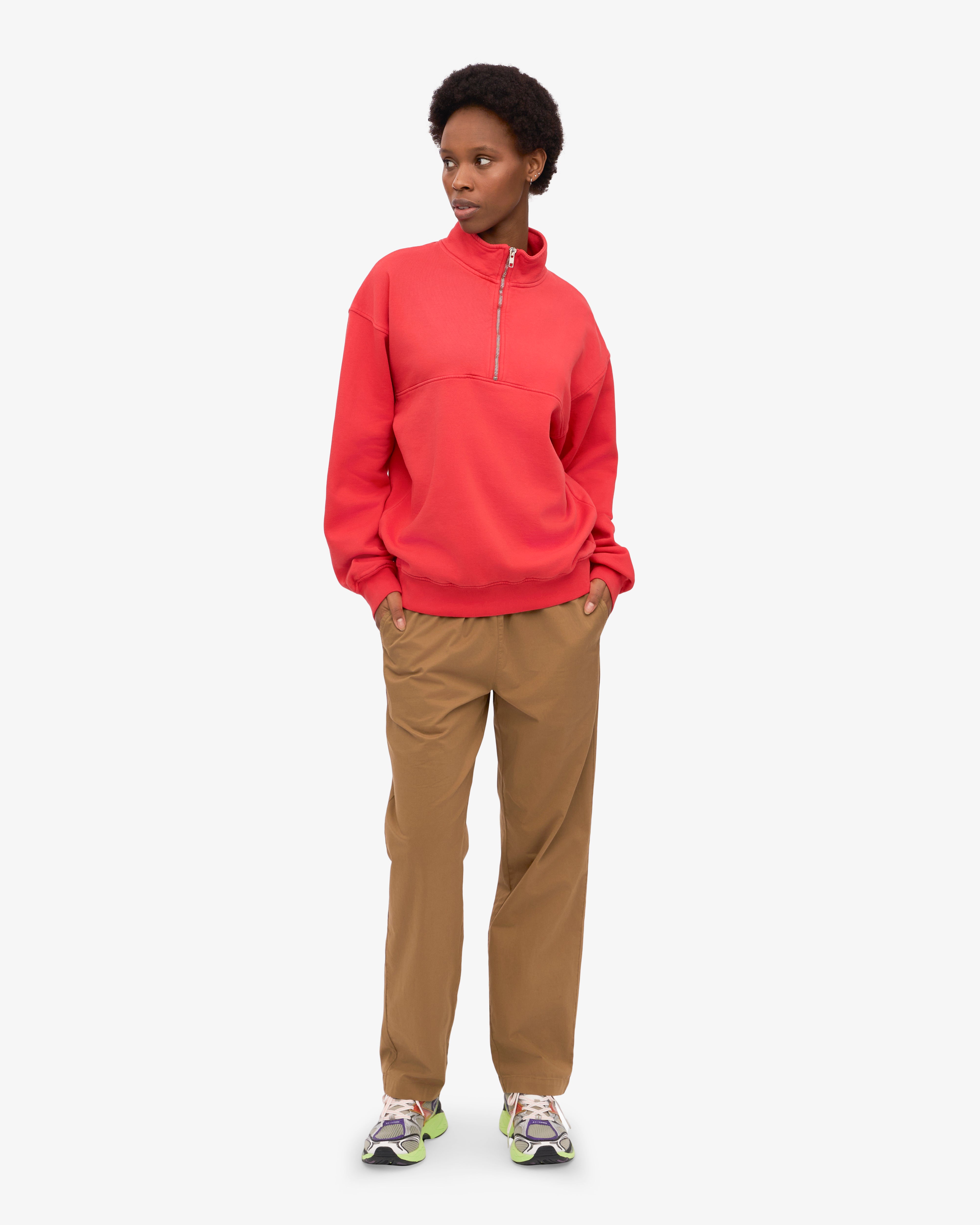 Organic Quarter Zip Sweatshirt for Men - Red Tangerine Color | Eco-Friendly Cotton Pullover | Perfect for Outdoor Activities & Casual Wear