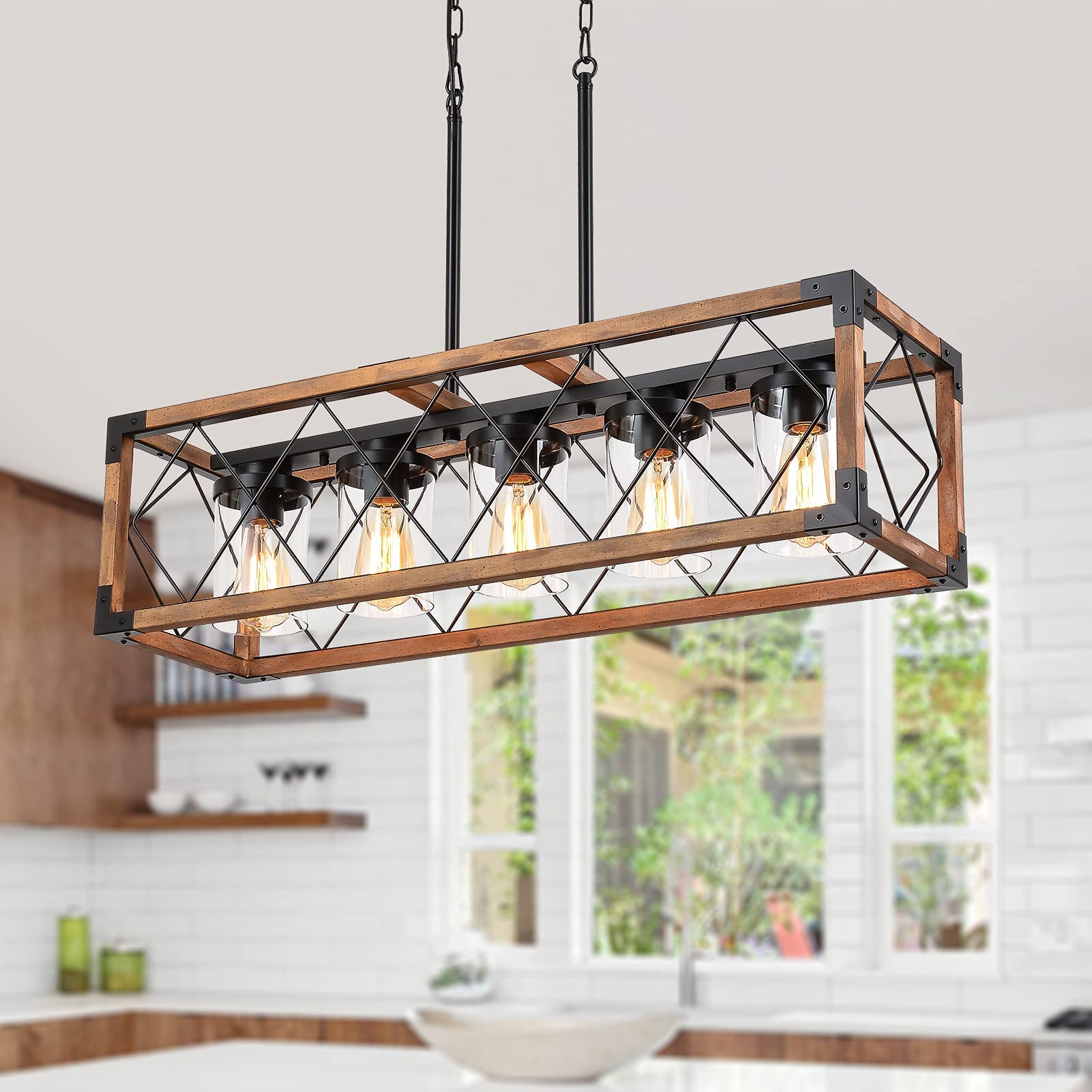 Farmhouse Kitchen Island Lighting Fixture - 5-Light Wooden Linear Pendant Chandelier with Clear Glass Shades for Dining Room & Kitchen | Rustic Hanging Light Over Counter, Breakfast Bar & Island