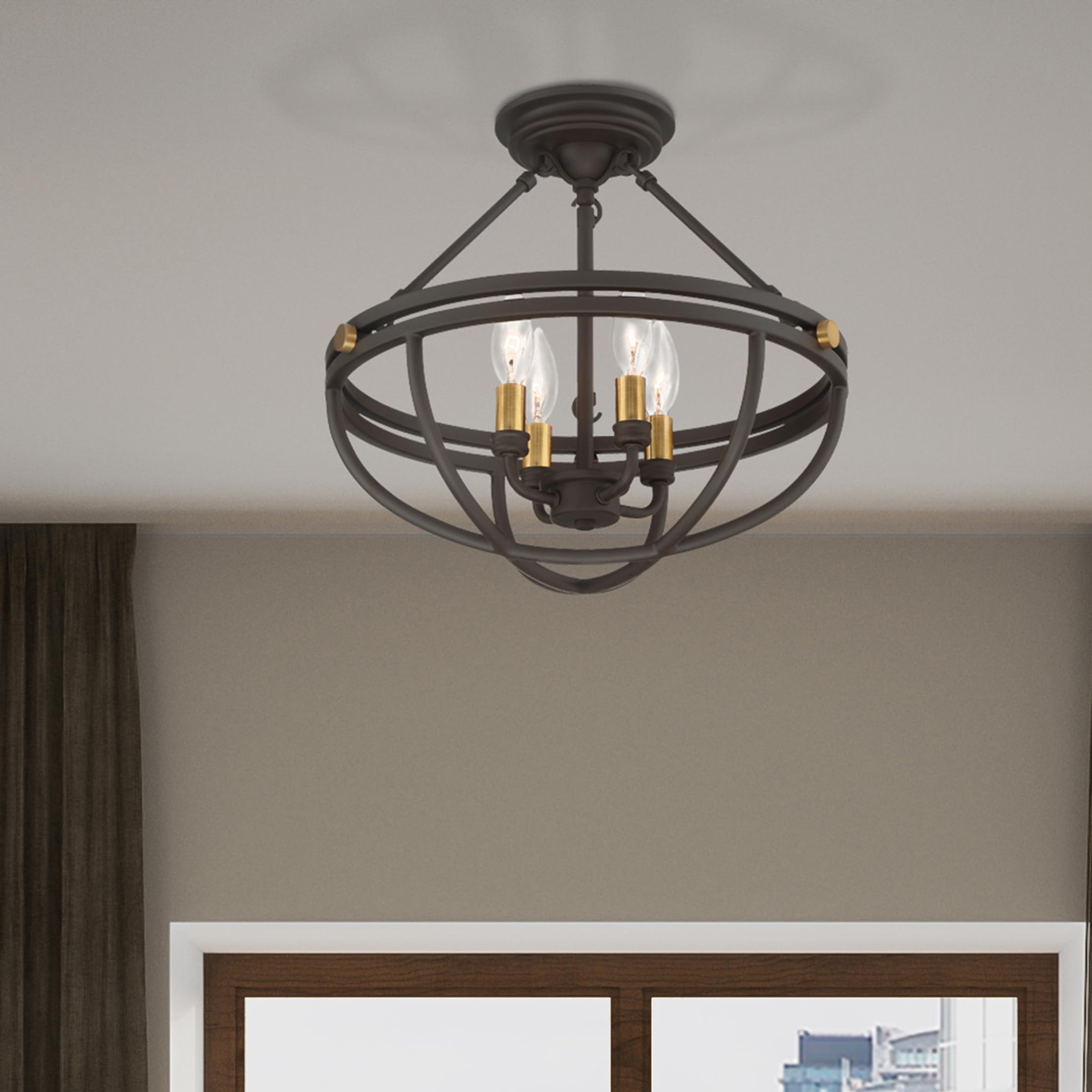 Quoizel Sergeant 4-Light Semi Flush Mount Ceiling Light Fixture - Western Bronze Finish, Resin Construction Modern Chandelier - Sloped Ceiling Compatible Pendant Lighting for Living Room, Bedroom & Dining Room