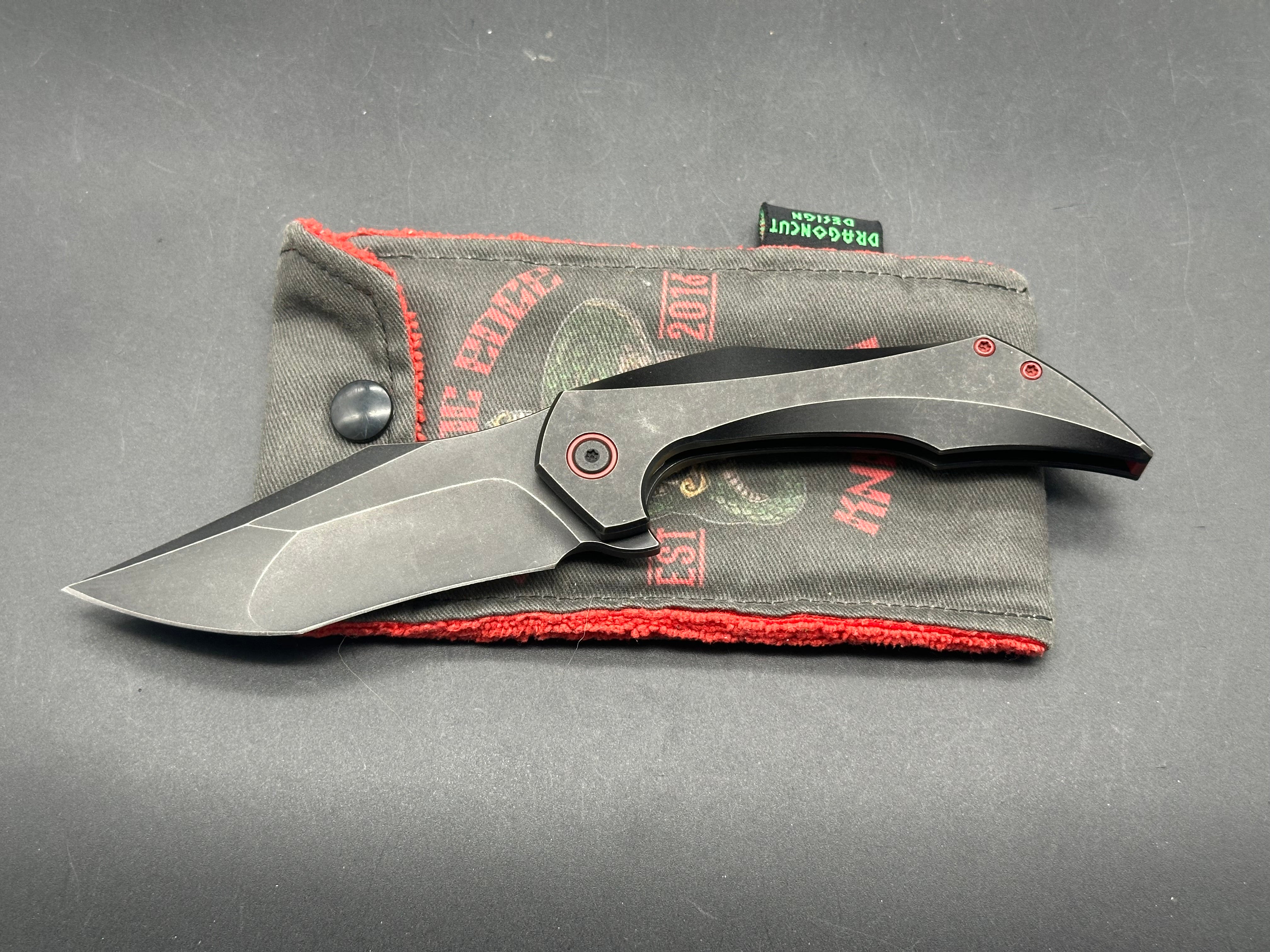 Fanatic Edge Omen Black Milled Titanium Handle Knife with Red Hardware & Clip Point Tanto Blade - Bohler M390 Steel - EDC, Camping, Survival, Outdoor Activities