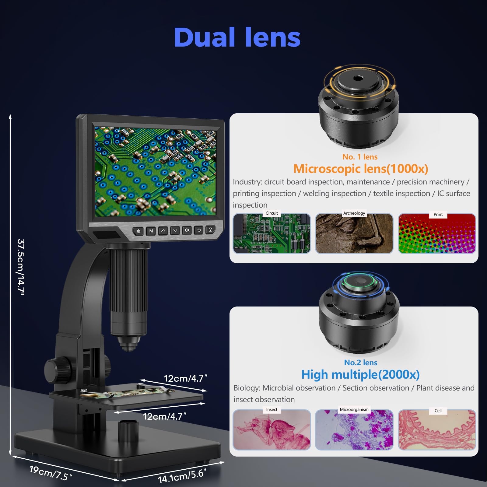 7'' Digital Microscope with 2000x Magnification & 24MP Camera - HDMI USB Microscope with Built-in Screen, 11 Adjustable LED Lights, 64GB Storage, PC Compatible - Perfect for Coin Collecting, Jewelry Inspection, PCB Repair & Science Education