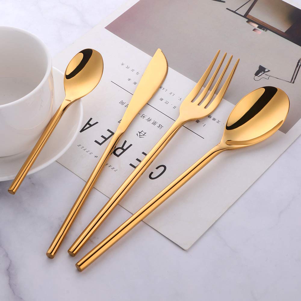 Premium 20-Piece Silverware Set - 18/10 Stainless Steel Flatware with Mirror Polish & Gold Accents - 5-Person Dining Set in Gift Box - Dishwasher Safe - Perfect for Dinner Parties, Weddings & Everyday Use