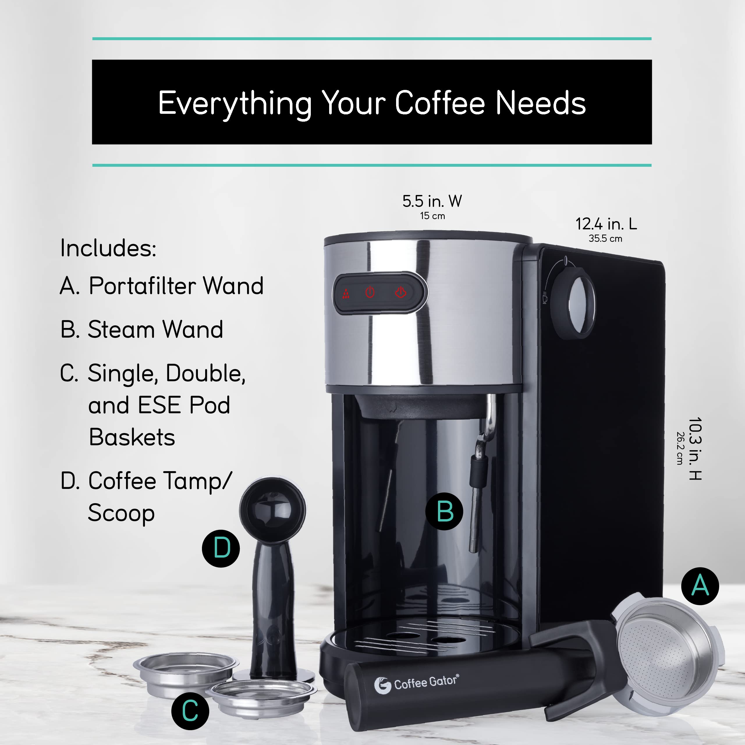 Coffee Gator Espresso Machine - 15 Bar Quick-Brew Coffee Maker with Milk Frother & 1.3L Removable Water Tank for Home Barista & Office Use