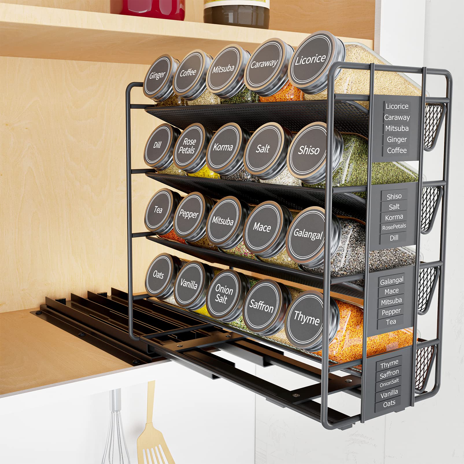 SpaceAid Pull-Out Spice Rack Organizer with 20 Jars - Heavy Duty Slide-Out Seasoning Storage for Kitchen Cabinets - Includes 801 Labels & Chalk Marker (Left Facing) - Perfect for Pantry Organization & Cooking Convenience