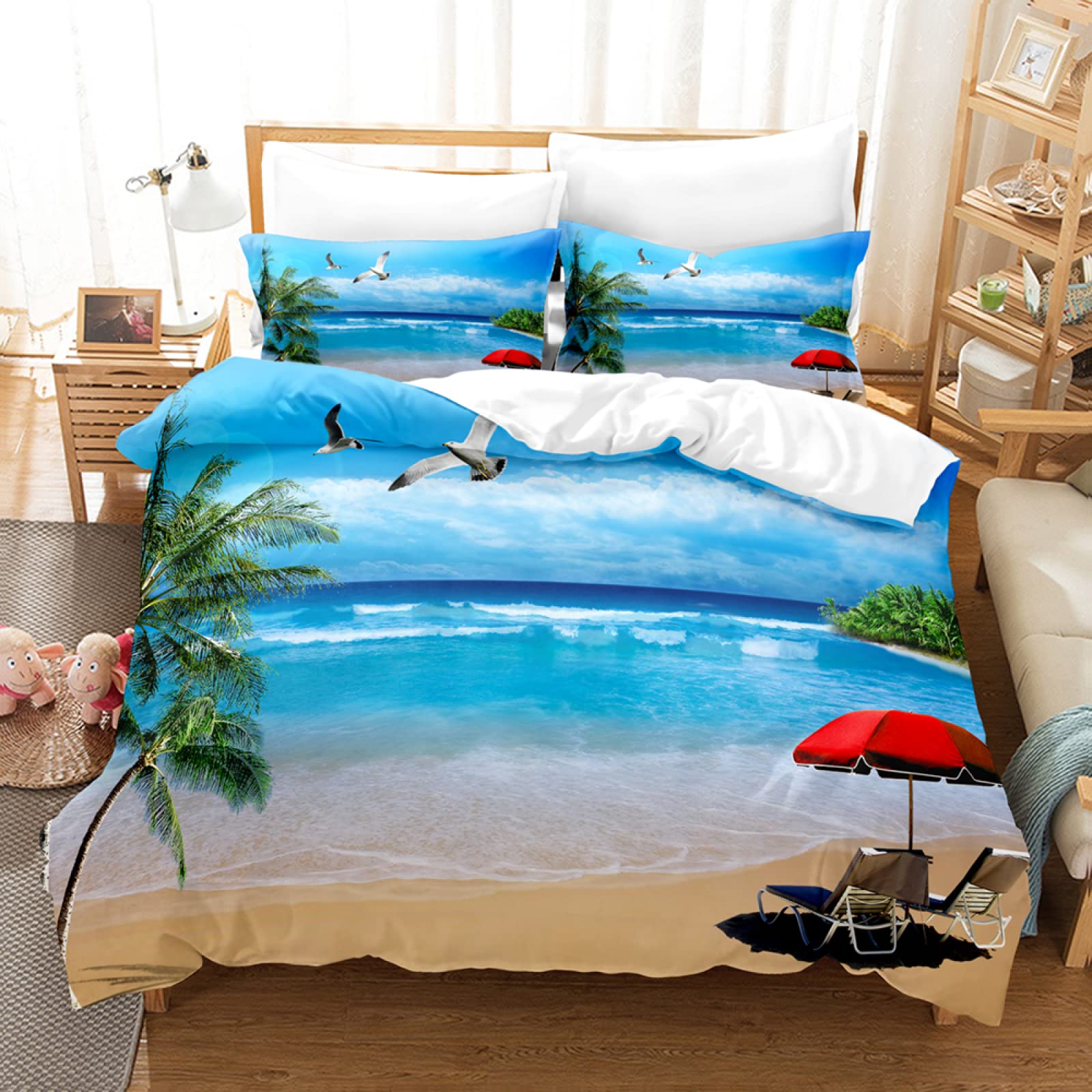 3D Printed Seagulls Beach Landscape Duvet Cover Set - California King Size (1 Duvet Cover + 2 Pillow Shams) for Kids, Boys & Girls | Coastal Themed Bedroom Decor, Summer Vacation Home Styling