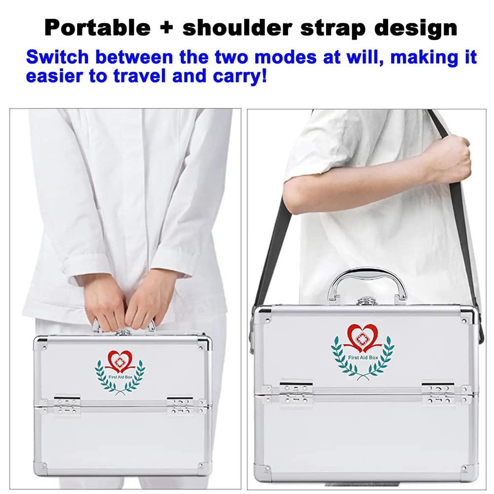 Lockable First Aid Kit Box with Security Key & Portable Handle - 2/3 Tier Medicine Storage Organizer for Prescription Drugs, Emergency Supplies & Medication - Silver (Ideal for Home, Office, Travel & School Safety)