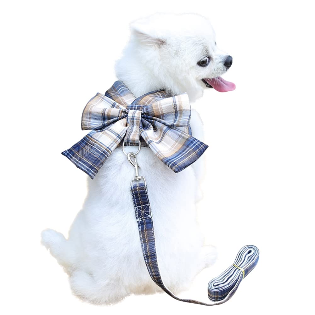 Gyuzh Plaid Soft Mesh Dog Harness with Bowknot - No Pull Adjustable Vest Harness & Leash Set for Small Dogs & Puppies - Perfect for Walking, Training & Outdoor Adventures