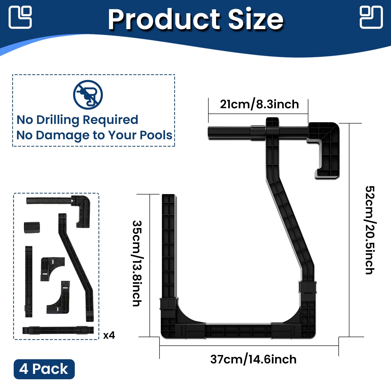 4-Pack Adjustable Black Rectangular Solar Cover Holder for Above Ground Pools - Keeps Solar Blankets Elevated & Protected - Perfect for Backyard, Inground & Oval Pools