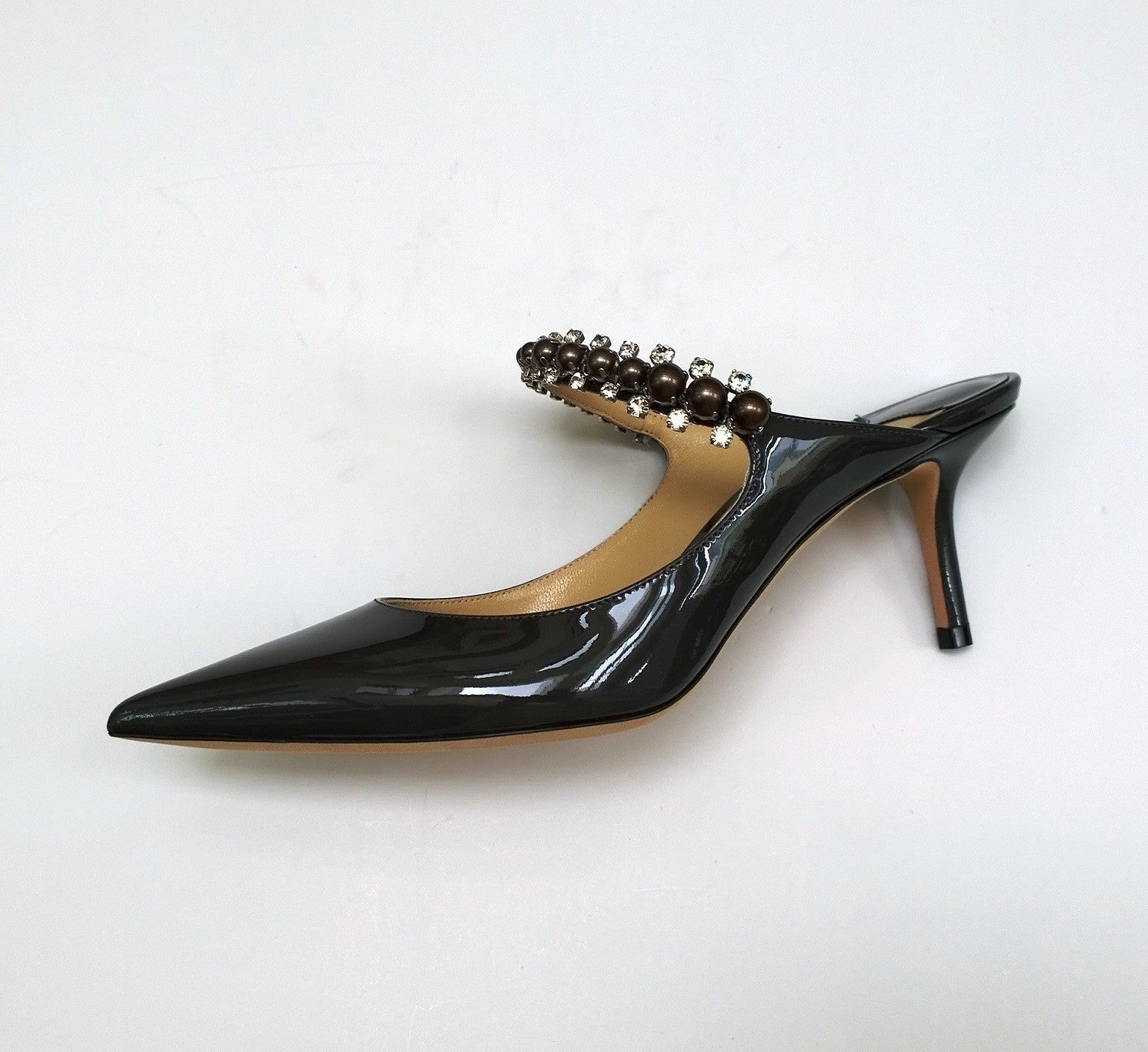 Jimmy Choo Bing 65mm Patent Leather Heels - Grey with Pearl & Rhinestone Band - Perfect for Weddings, Parties & Evening Events