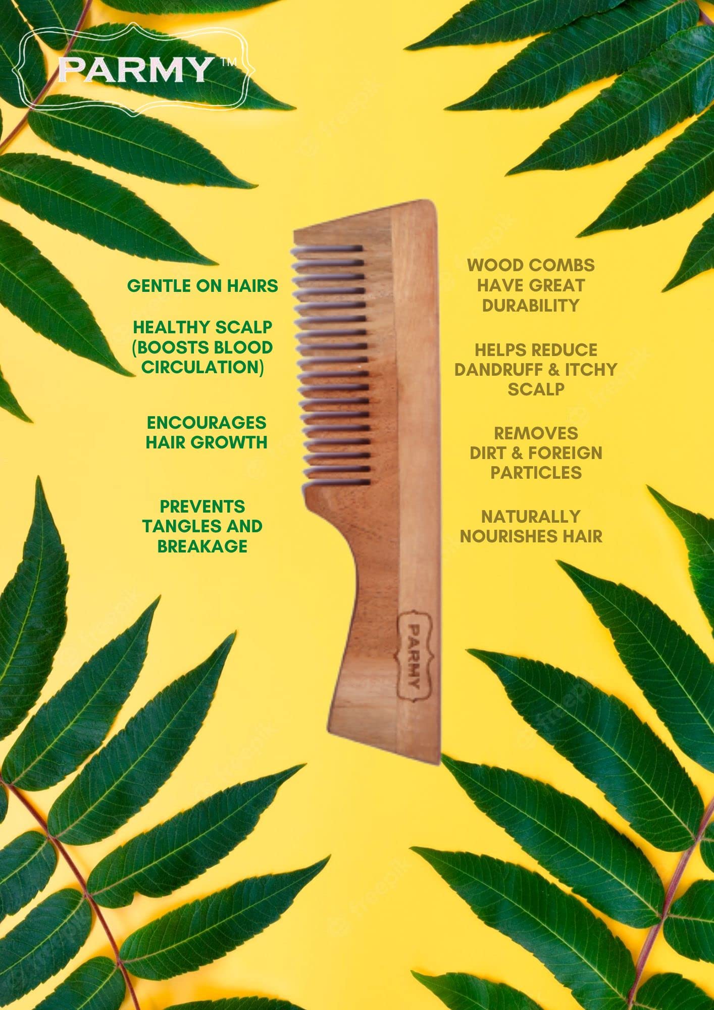 **Parmy Neem Wood Comb & Bamboo Toothbrush Set - Handmade Wooden Hairbrush for Dandruff Control & Hair Straightening | Natural Comb & Toothbrush for Men & Women (4 Toothbrushes + 1 Comb) | Perfect for Travel, Home & Eco-Friendly Gifts**