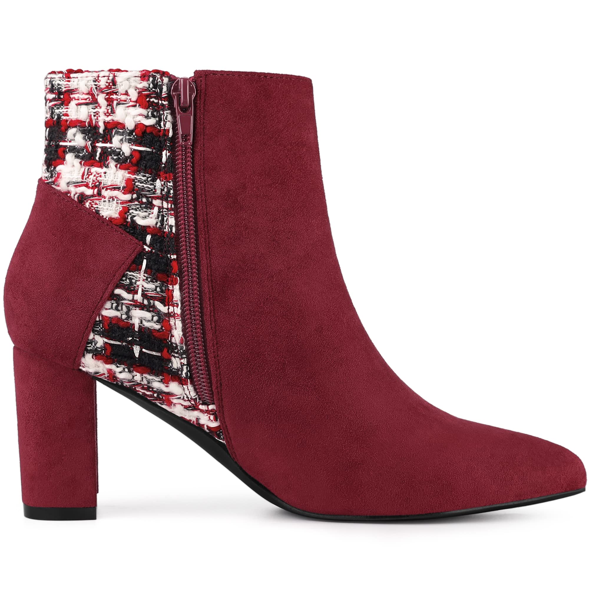Allegra K Women's Plaid Pointed Toe Block Heel Ankle Boots - Stylish Fall Winter Fashion for Office, Party & Date Night Outfits