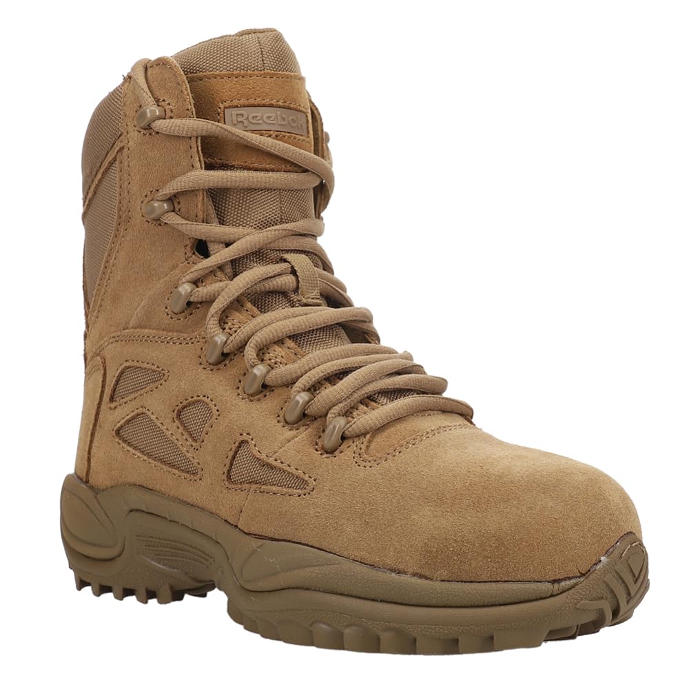 Reebok Women's Rapid Response RB 8-Inch Composite Toe Work Safety Boots - Side Zip, Brown | Slip Resistant & Comfortable for Construction, Warehouse & Outdoor Jobs