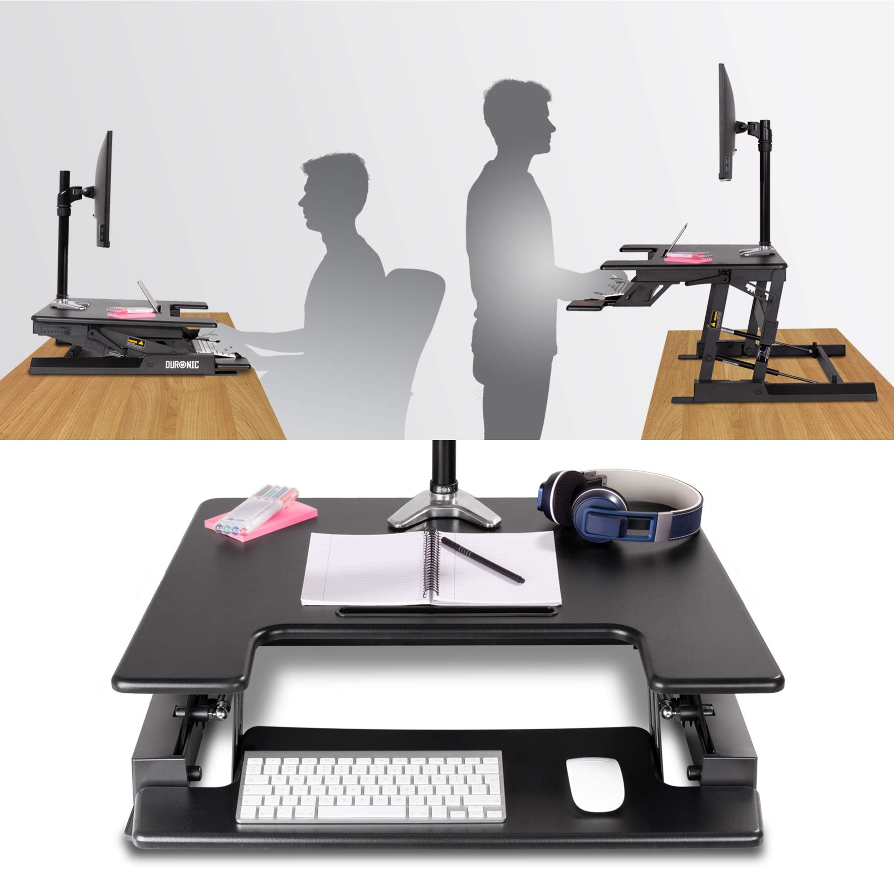 Duronic DM05D19 Sit Stand Desk - 72x56cm Height Adjustable Workstation (16-42cm) | Ergonomic Riser for PC, Laptop & Keyboard | Home Office & Gaming Desk Converter | Improve Posture & Productivity