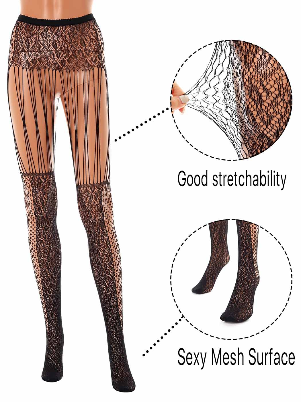 Barode Women’s Fishnet Stockings - Sexy High Waist Patterned Tights with Suspenders in Black | Perfect for Cosplay, Halloween, Burlesque & Night Out Outfits