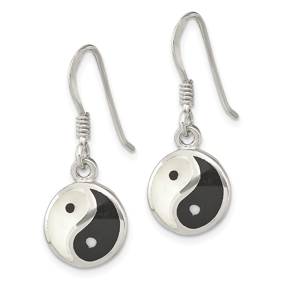 Sterling Silver Yin Yang Dangle Earrings with Mother of Pearl & Black Resin - 0.93