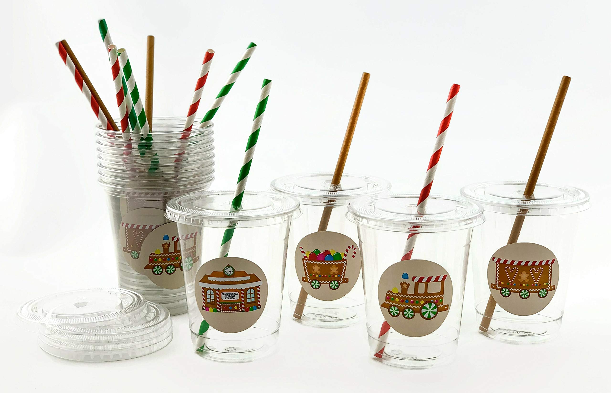 Gingerbread Train Christmas Party Cups with Lids and Straws - 12 Pack | Holiday Drinkware for Festive Gatherings, Kids Christmas Parties & Hot Cocoa Serving