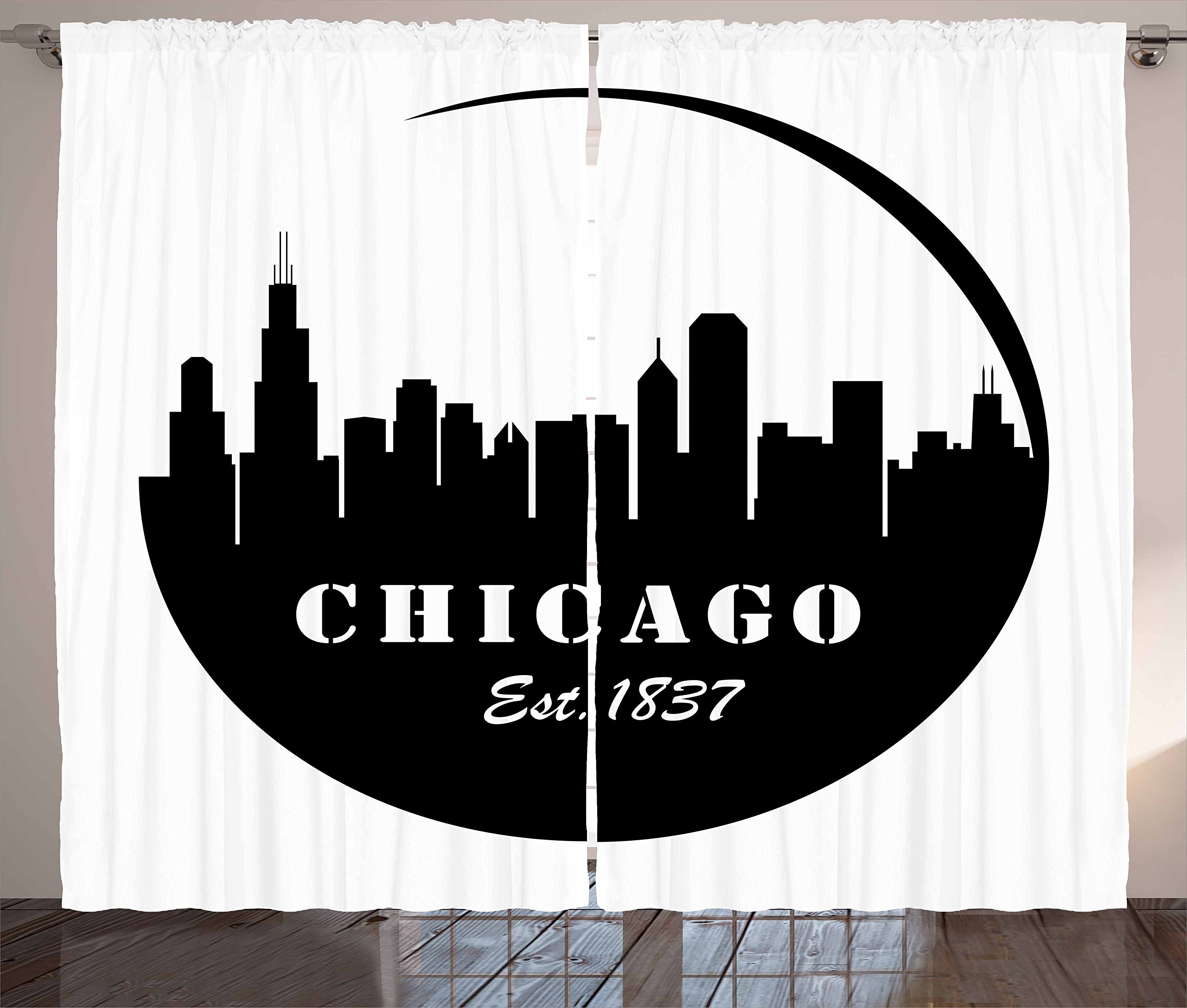 Ambesonne Chicago Skyline Black and White Curtains - 2 Panel Set, 108