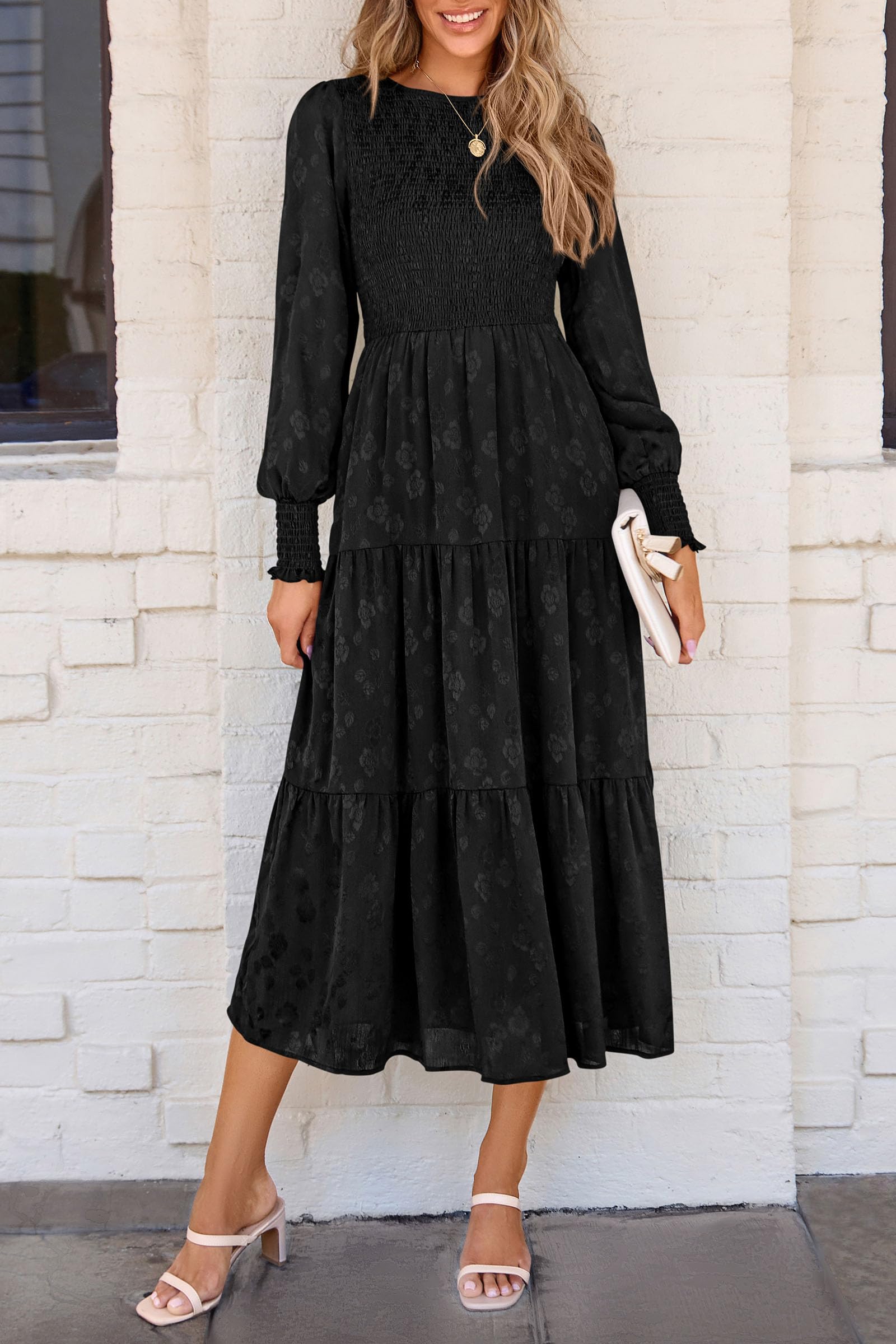 PRETTYGARDEN Women's Floral Midi Dress with Long Sleeves & Pockets - Elegant Smocked Waist Wedding Guest Dress for Spring & Fall - Perfect for Bridal Showers, Garden Parties & Date Nights