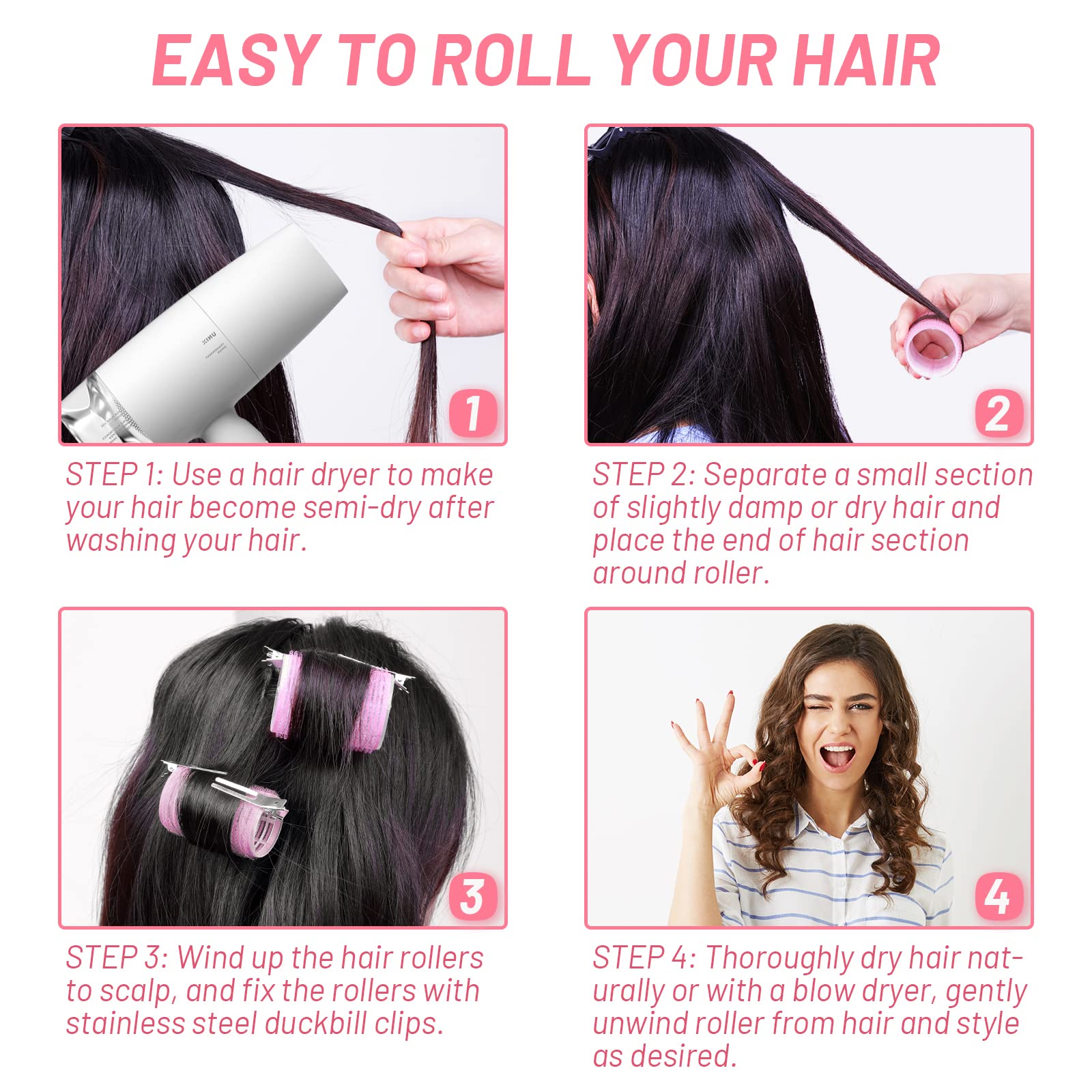 Acejoz 24Pcs Jumbo Hair Rollers Set - Self Grip Curling Rollers with Stainless Steel Duckbill Clips for Curly Hairstyles (Pink & White, Medium Size) | Perfect for Home Salon, Party Styling & Daily Hair Care
