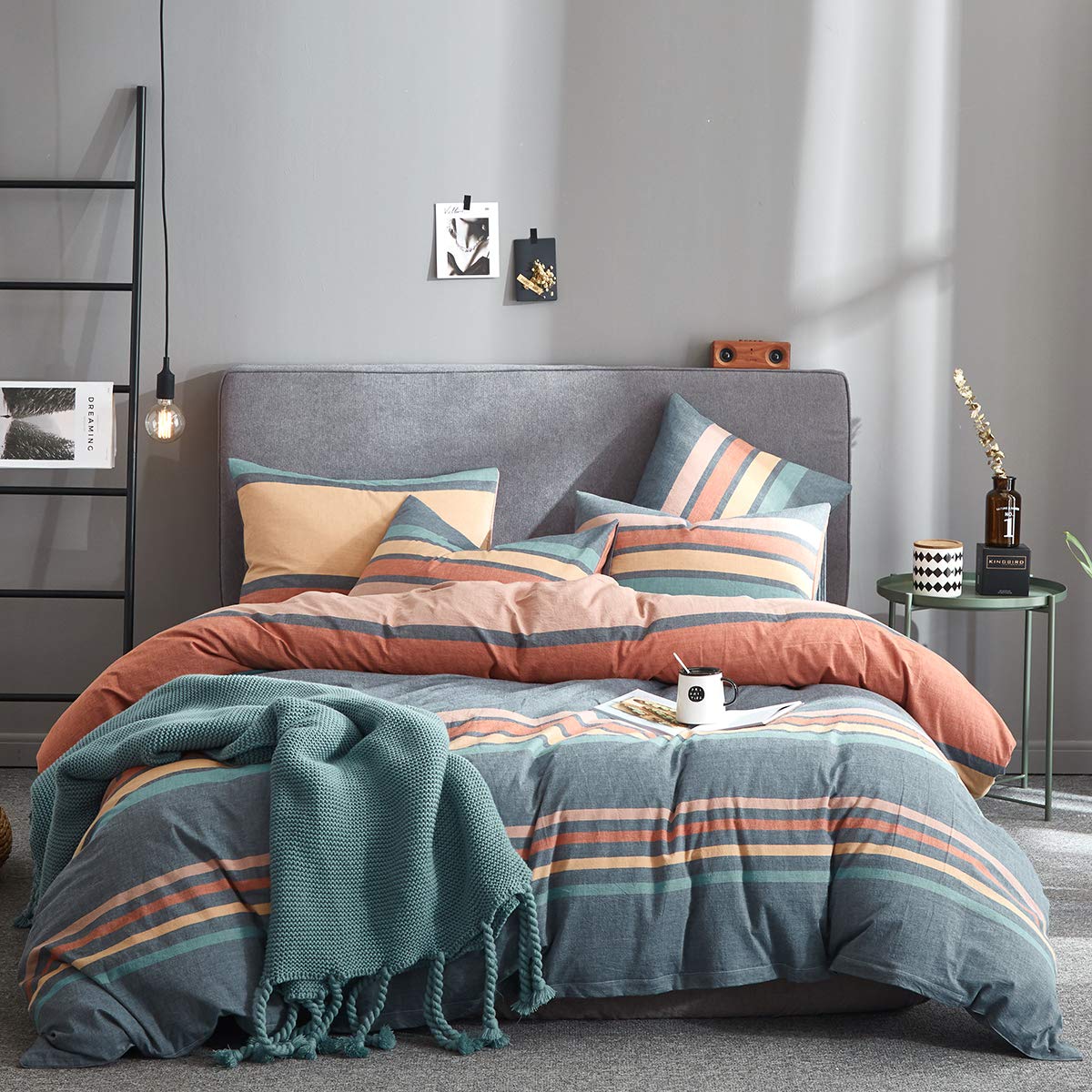 Joyreap 3-Piece Luxury Washed Cotton Comforter Set Queen Size - Rainbow Gray Striped Design, Ultra Soft & Breathable All-Season Bedding - 88x88 Inches - Perfect for Master Bedroom, Guest Room & Cozy Home Decor