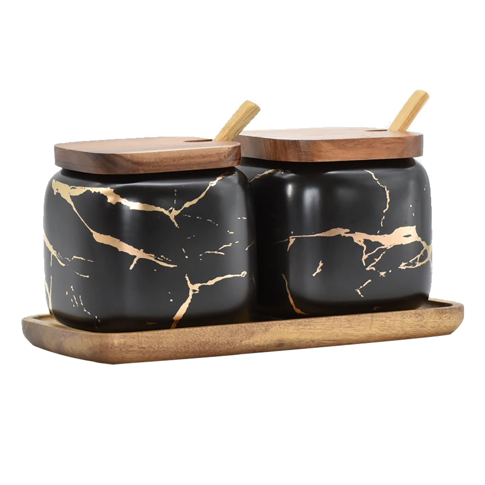 2-Piece Marble Ceramic Seasoning Jars Set with Wooden Lids, Spoon & Tray - Salt, Sugar & Spice Storage Containers - Perfect for Kitchen Countertop & Dining Table Organization (Black)