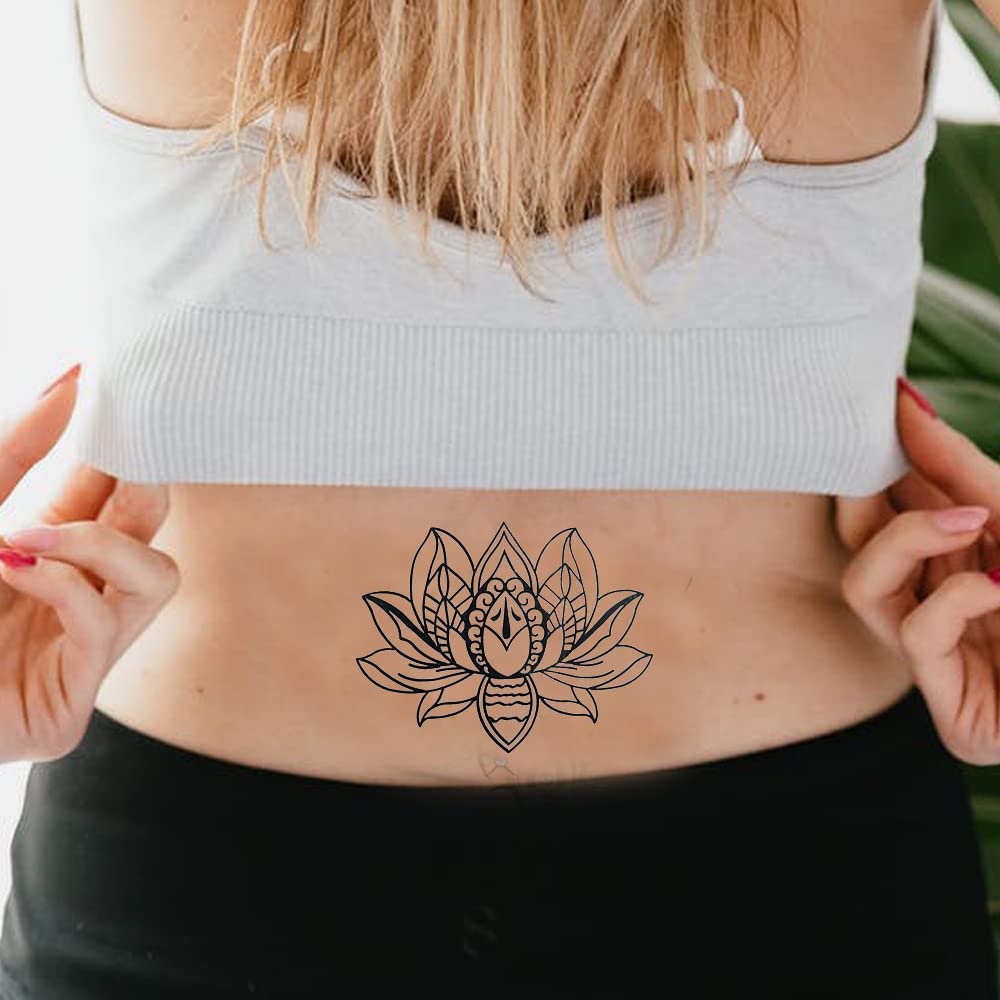 Comet Busters Beautiful Lotus Flower Black Temporary Tattoo Sticker (BJ314) - Perfect for Festivals, Parties & Body Art