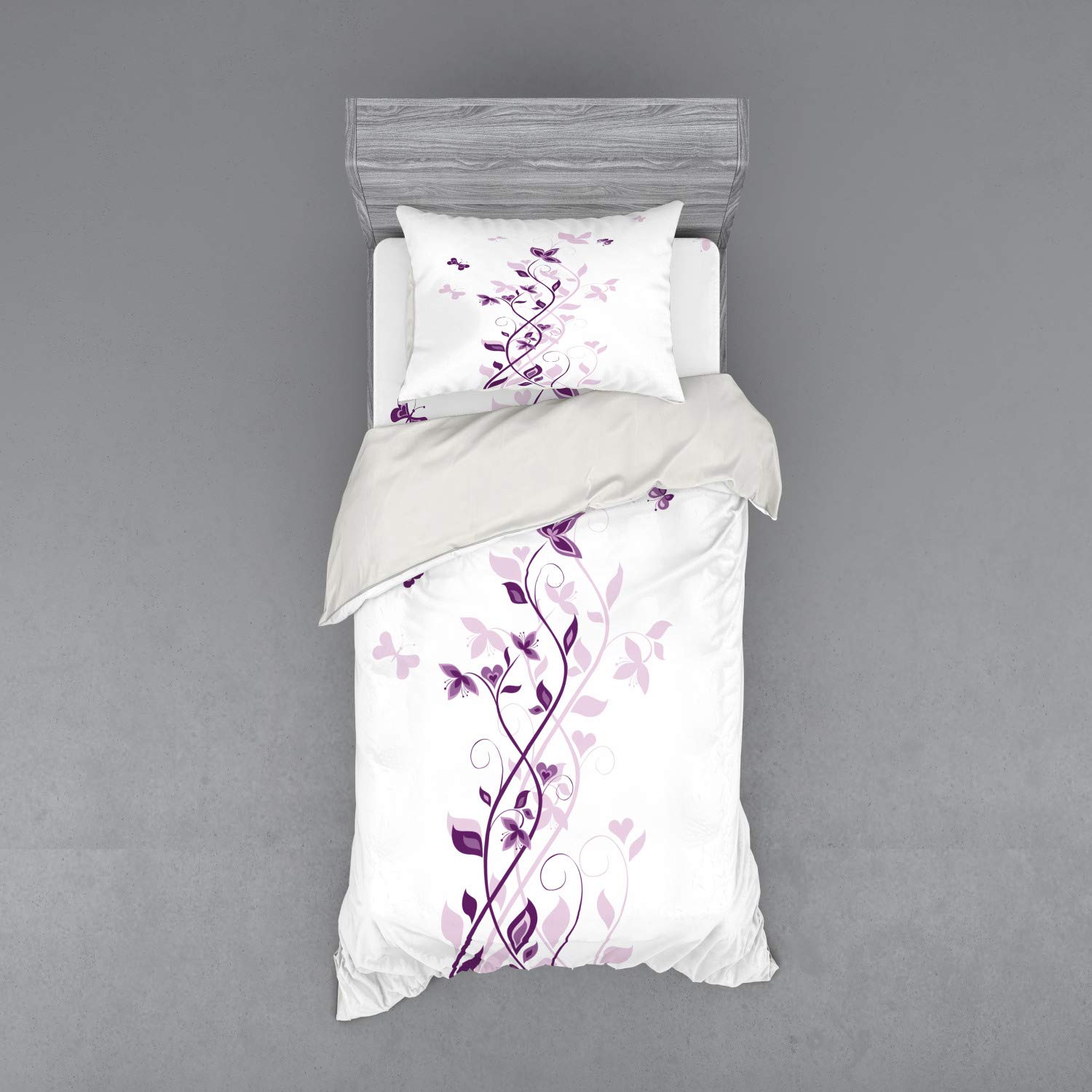 Ambesonne Purple 3-Piece Twin Bedding Set - Violet Tree Swirling Persian Lilac Blooms with Butterfly Design, Duvet Cover with Sham & Fitted Sheet, Purple & White - Perfect for Kids' Rooms, Guest Bedrooms & Bohemian Decor