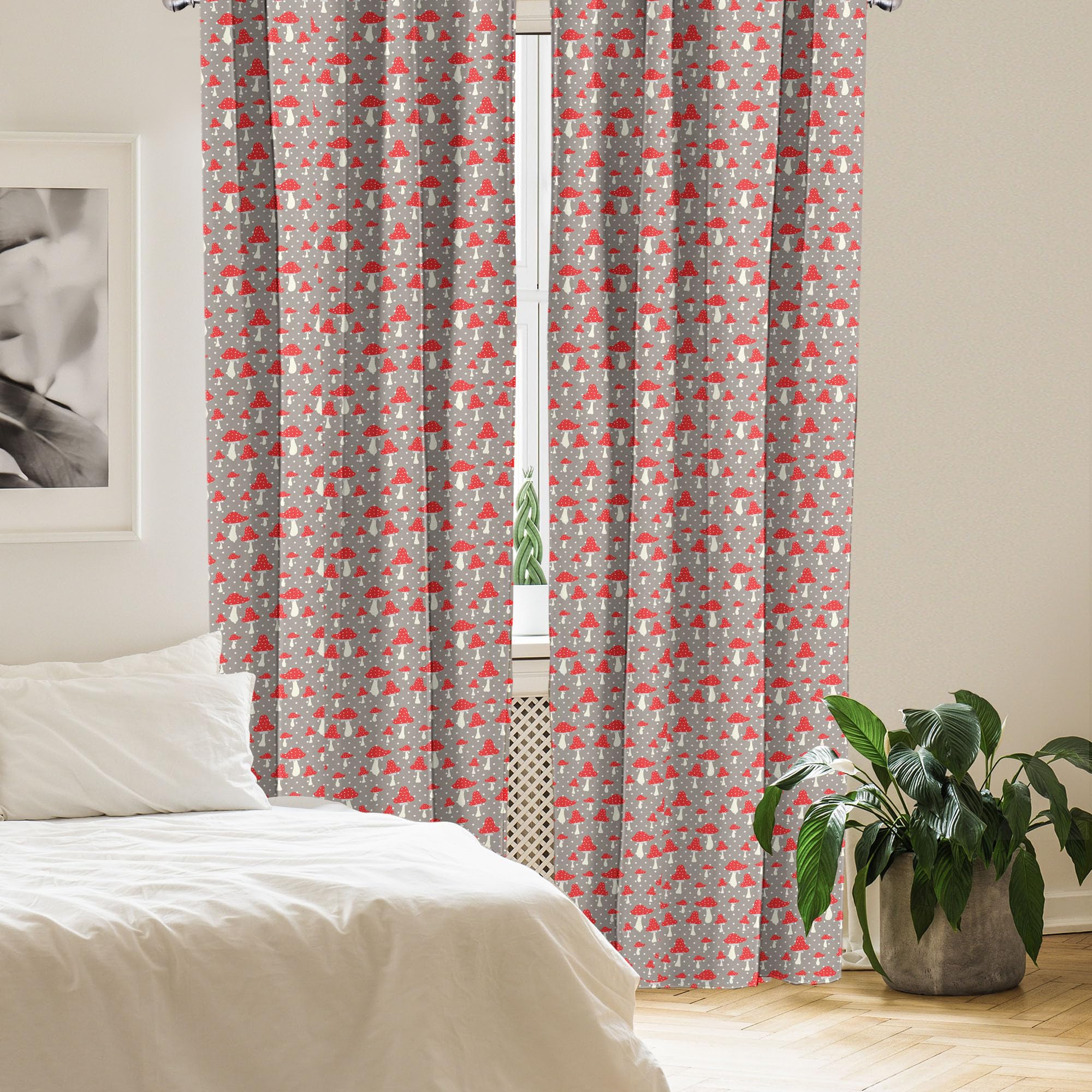 Ambesonne Mushroom Curtains - 2 Panel Set with Amanita Mushrooms & Polka Dot Pattern, 28