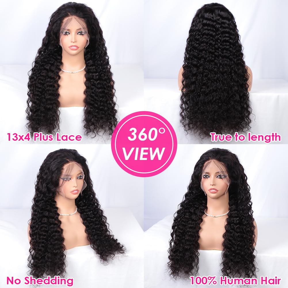 13x4 HD Transparent Lace Front Wigs Human Hair with Baby Hair & Bleached Knots - 180% Density Brazilian Deep Wave Human Hair Wigs for Black Women (24 Inch, Black) - Perfect for Daily Wear, Special Occasions & Protective Styling